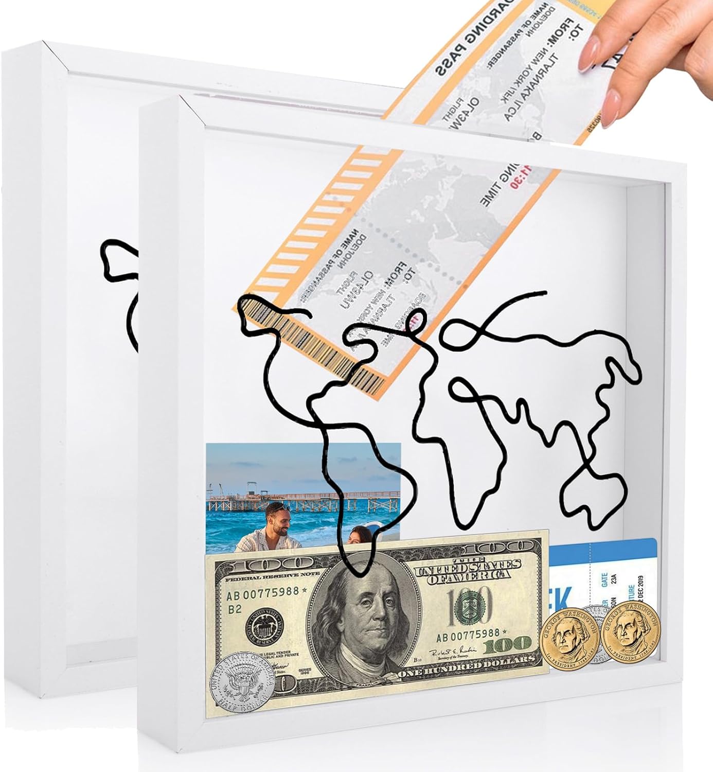 DAJAVE 2 Pack 29x29cm Travel Memory Box Large Travel Box Frame White Adventure Archive Boxes Frame with World Map Ticket Memory Boxes with Slot for Movie, Sporting Ticket