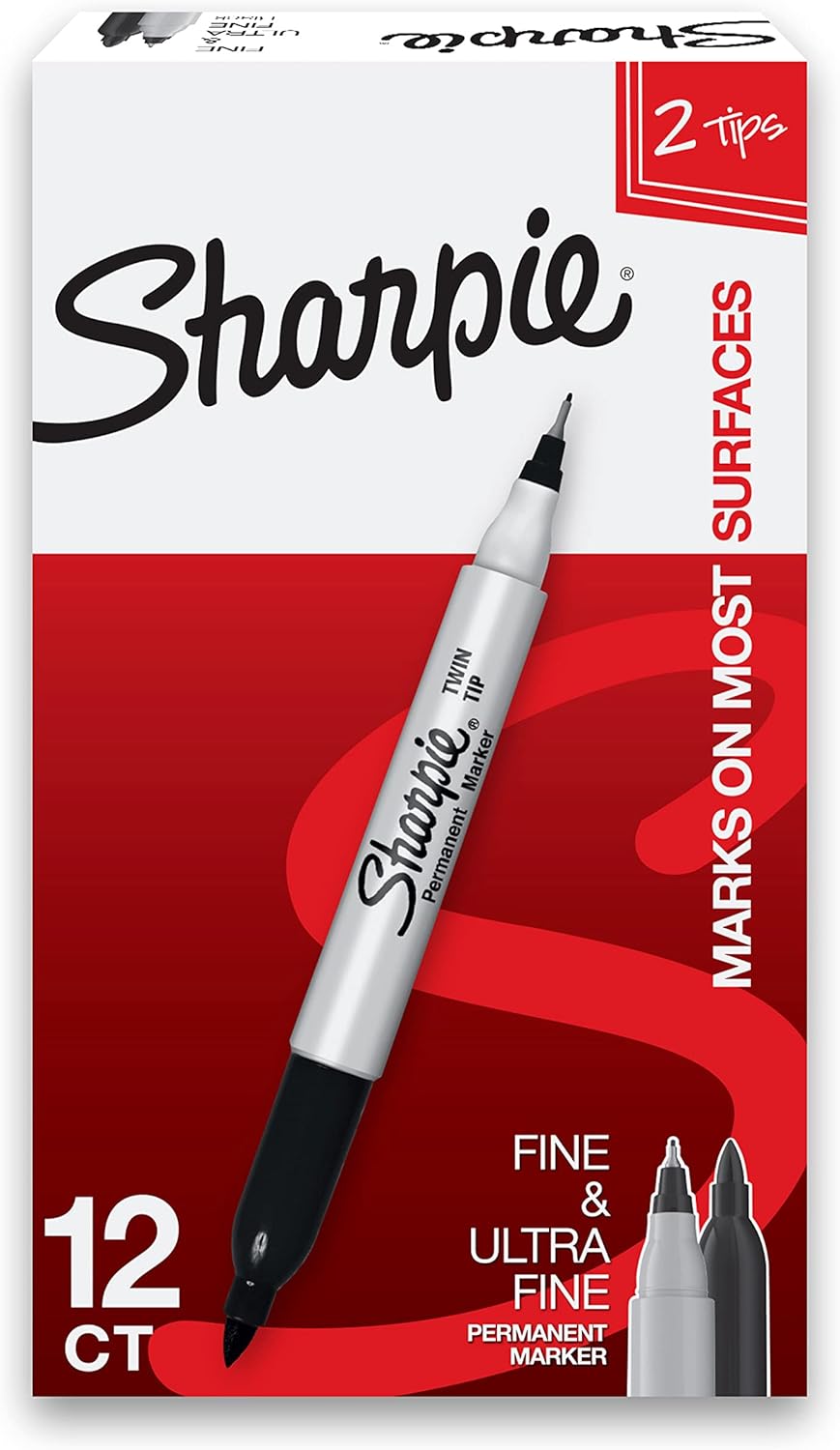 Sharpie Twin Tip Permanent Markers, Fine and Ultra Fine, Black, 12 Count