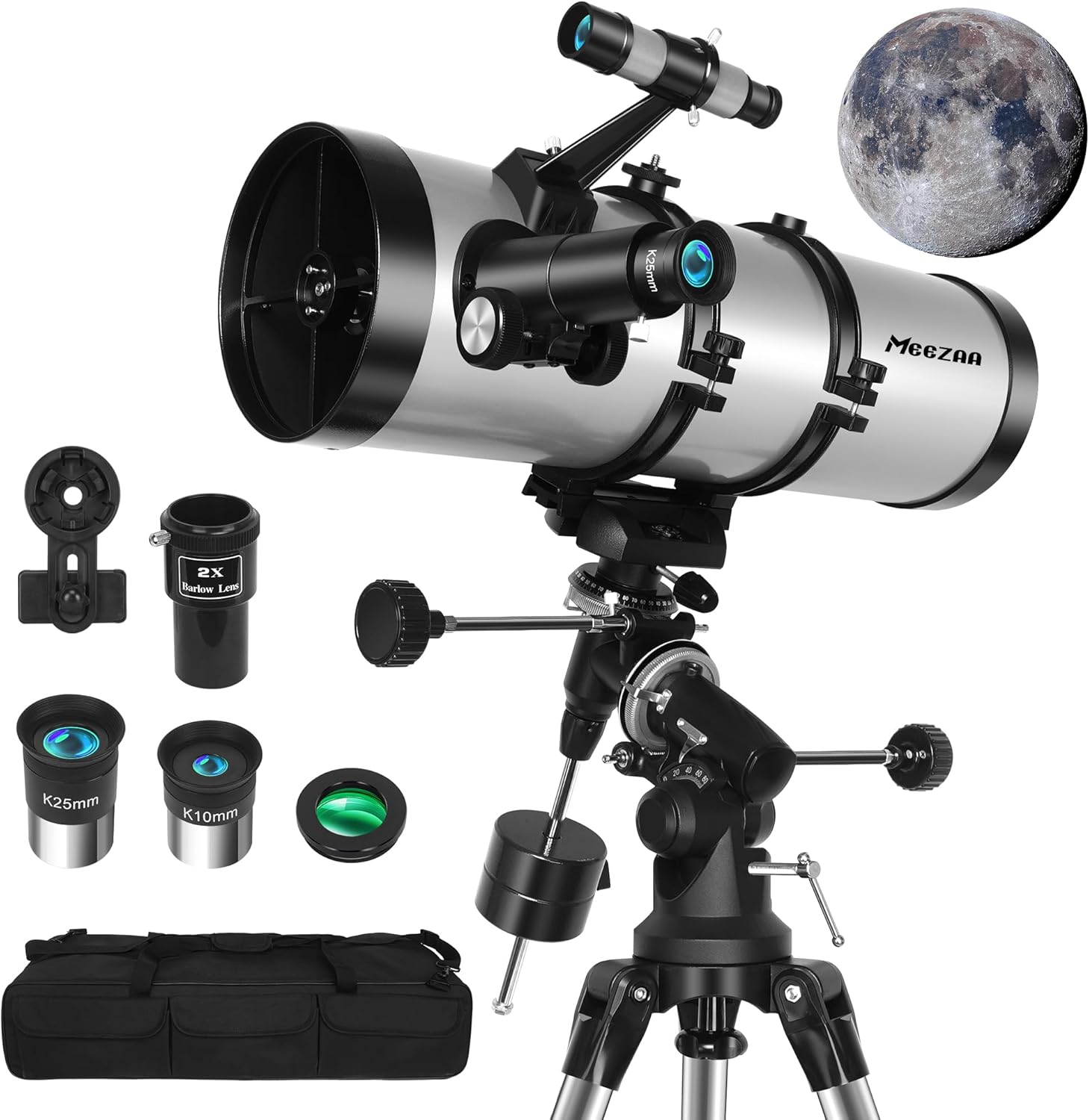MEEZAA Telescope, 150EQ Reflector Telescope for Adults Astronomy Beginners, Professional Astronomical Telescopes with Equatorial Mount, 2X Barlow Lens, Phone Adapter, Tripod, Moon Filter and Carry Bag