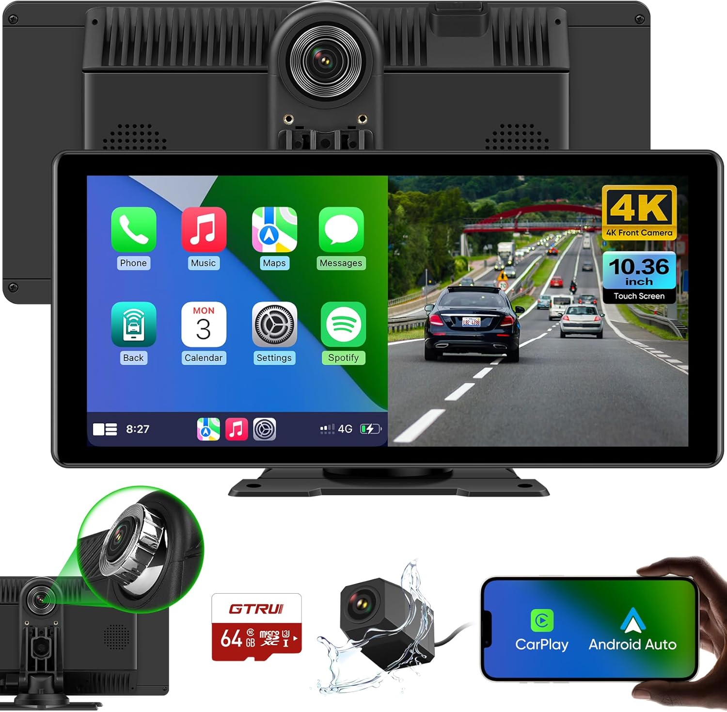 10.36" Touchscreen Car Stereo Receive Wireless Apple Carplay & Android Auto with 4K Dash Cam DVR, 1080P Backup Camera, Portable GPS Navigation r Mirror Link Bluetooth, AirPlay, Googel, Siri