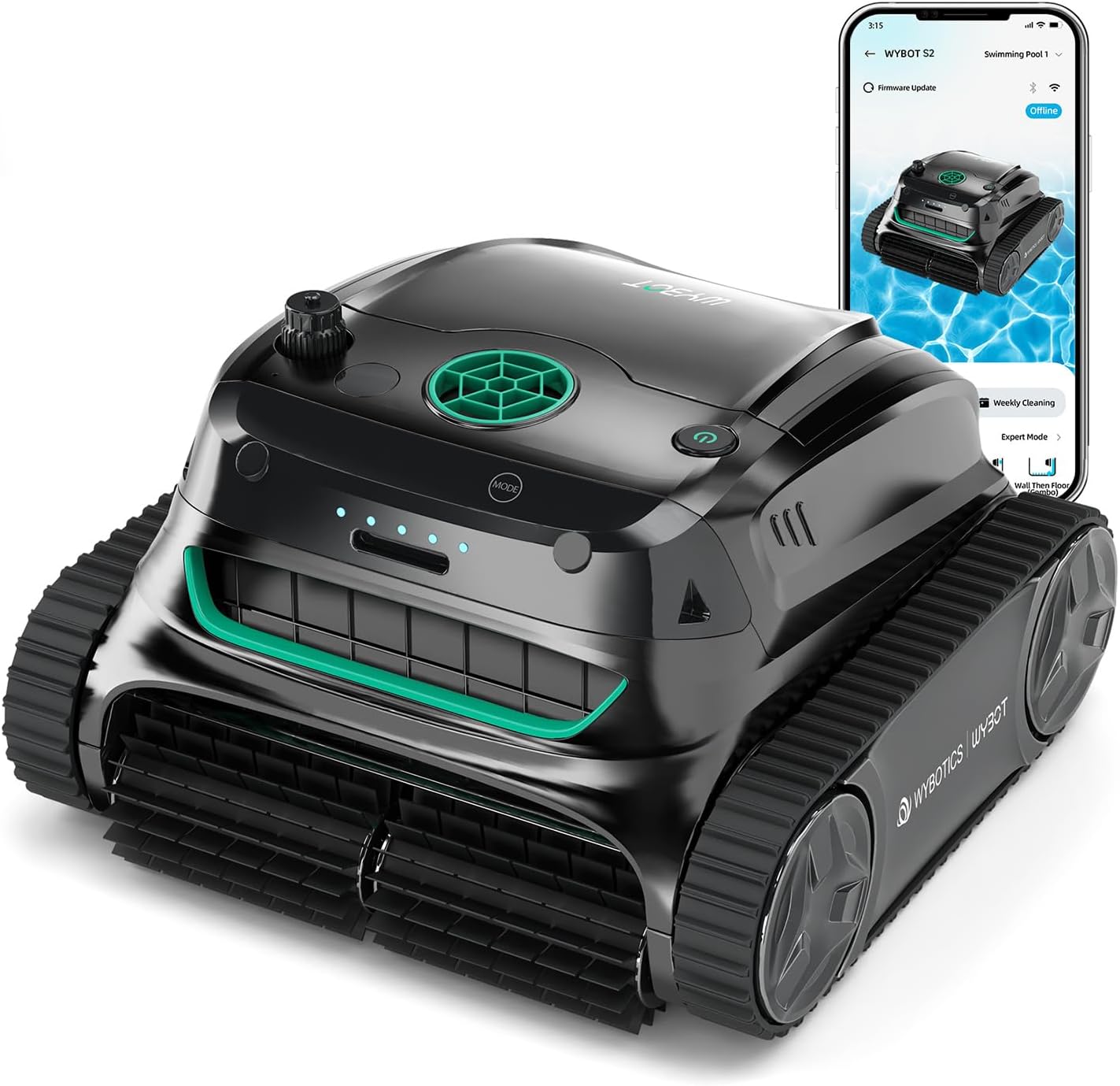 WYBOT S2 Cordless Robotic Pool Cleaner, Smart Navigation Inground Pool Vacuum Lasts 180 Mins, Wall Climbing & Waterline Cleaning for Pools up to 3229 Sq.ft, Switch/App Mode, Dual Filtration
