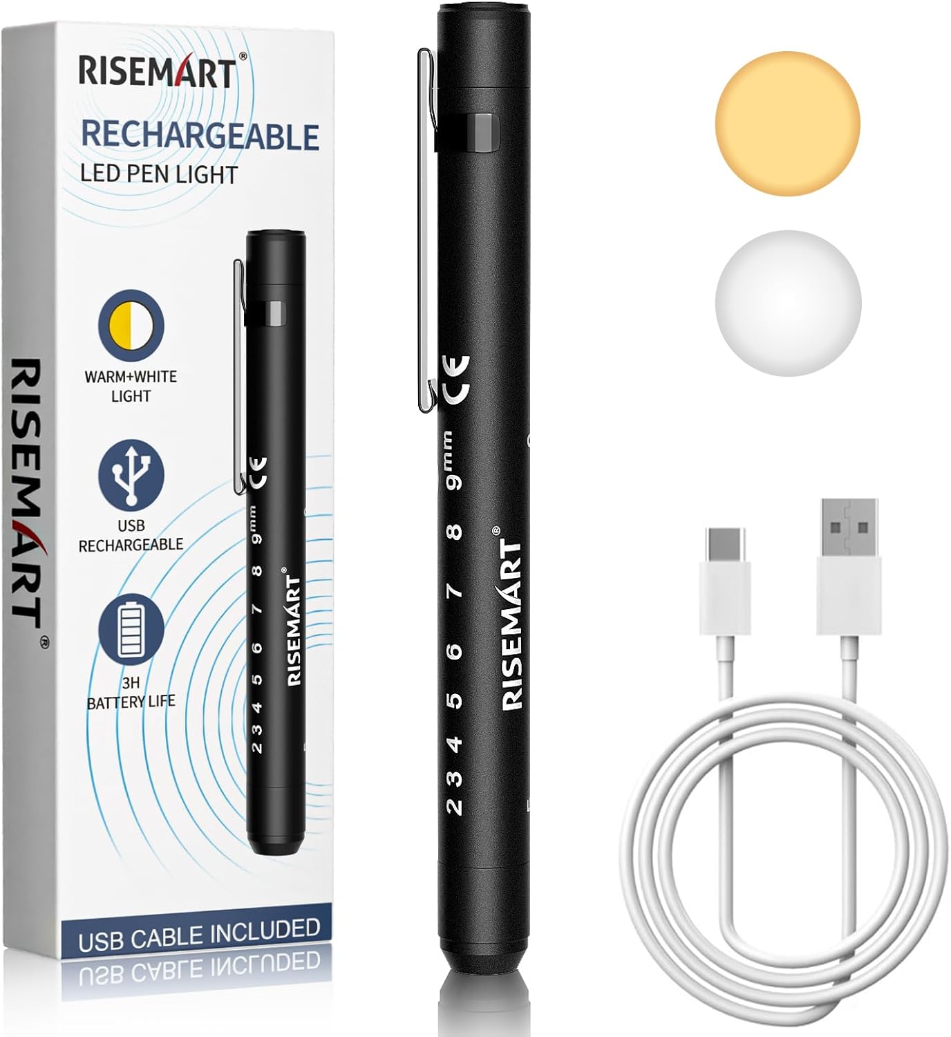 RISEMART Rechargeable Pen Light for Nurse, Rechargeable LED Portable Medical PenLight for Nurse, Doctor, First Aid, EMT, Nursing,Nursing Student,Warm/Cool White Black1