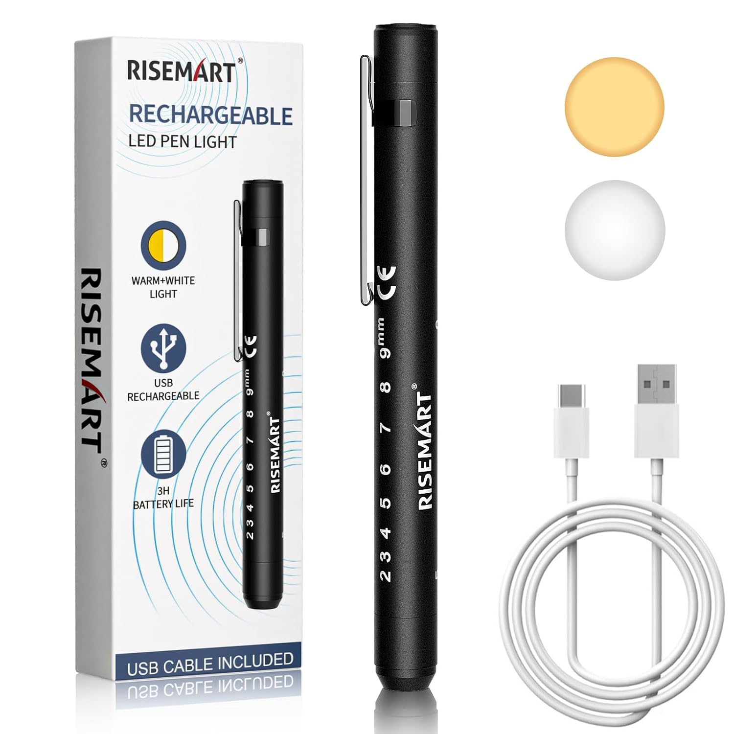 Pen Torch Rechargeable, RISEMART 1PCS Pen Light LED Pupil Gauge Pen Torches for Nurses & Doctors (Black)