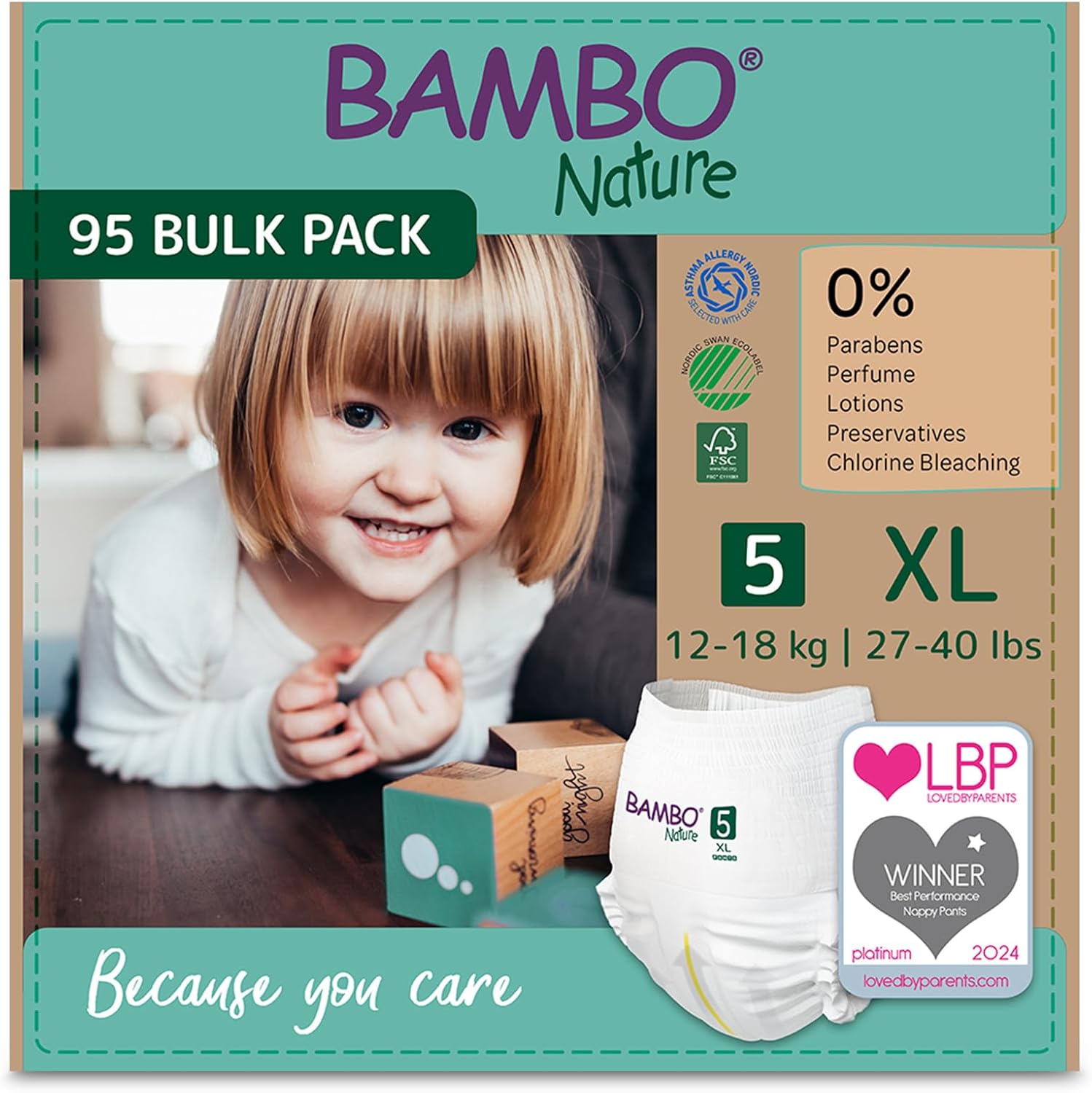 Bambo Nature Premium Training Pants, Size 5 (12-18 kg), XL, 95PK, Pull Ups, Eco-Labelled Potty Training Nappy Pants, Secure, Comfortable, Discreet for Active Day and Comfy Night's Sleep