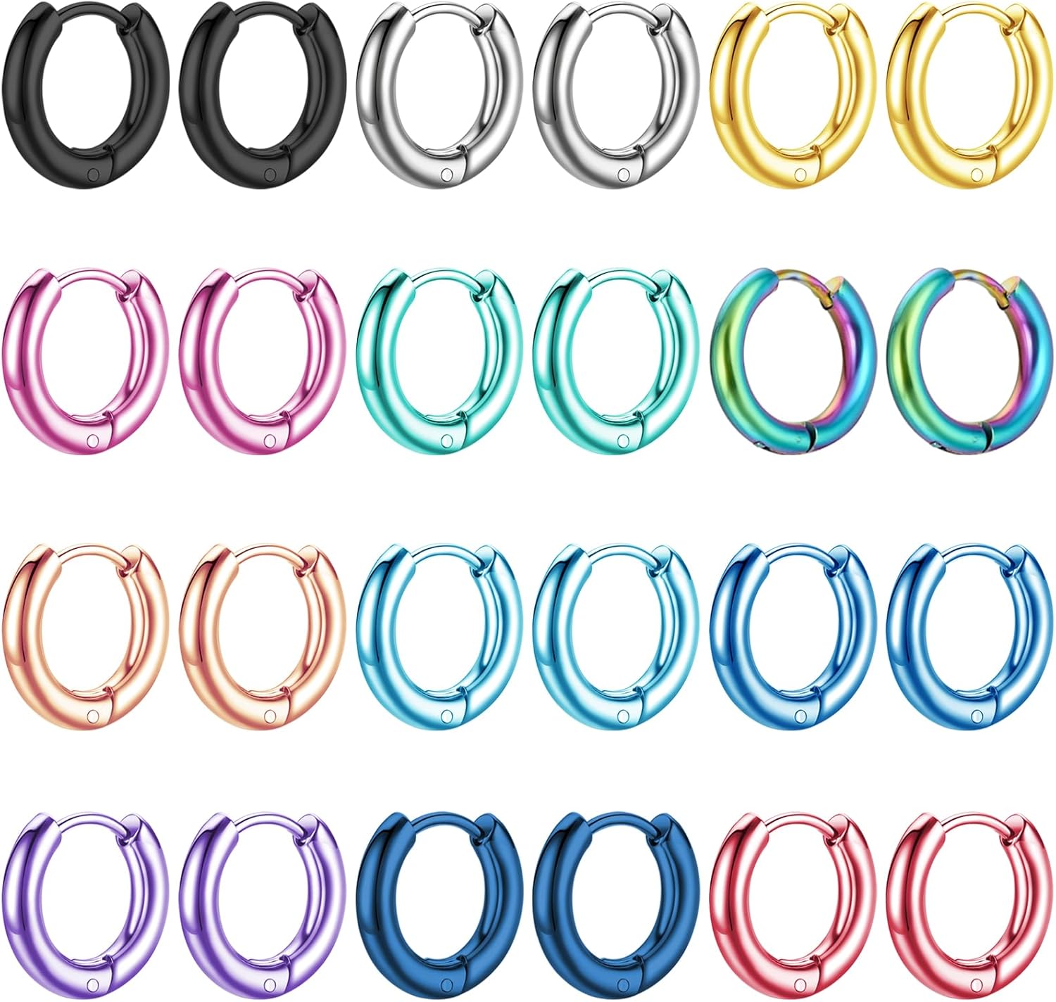 NEWITIN 12 Pairs Surgical Stainless Steel Hoop Earrings for Men Hypoallergenic Earring Huggie Cartilage Hoop Earring Set Colorful Small Hoop Earrings for Women Men
