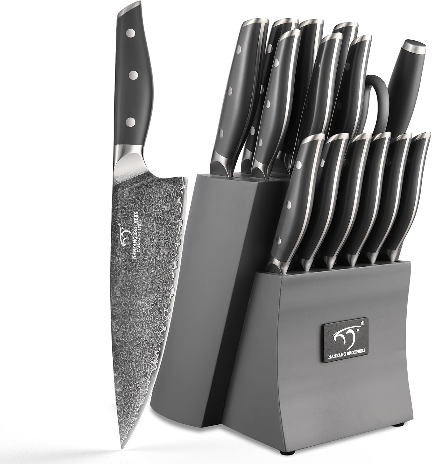 NANFANG BROTHERS Knife Set, 16-Pieces Damascus Kitchen Knife Set with Block, ABS Ergonomic Handle for Chef, Carving Fork, Disconnect-type Knife Block Set (Gray)