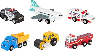 Battat – Miniature Toy Cars – 6Pcs Wooden Minis – Classic Rescue & Construction Vehicles – Steamroller, Dump Truck – 3 Years + – Wooden Vehicles Set 2
