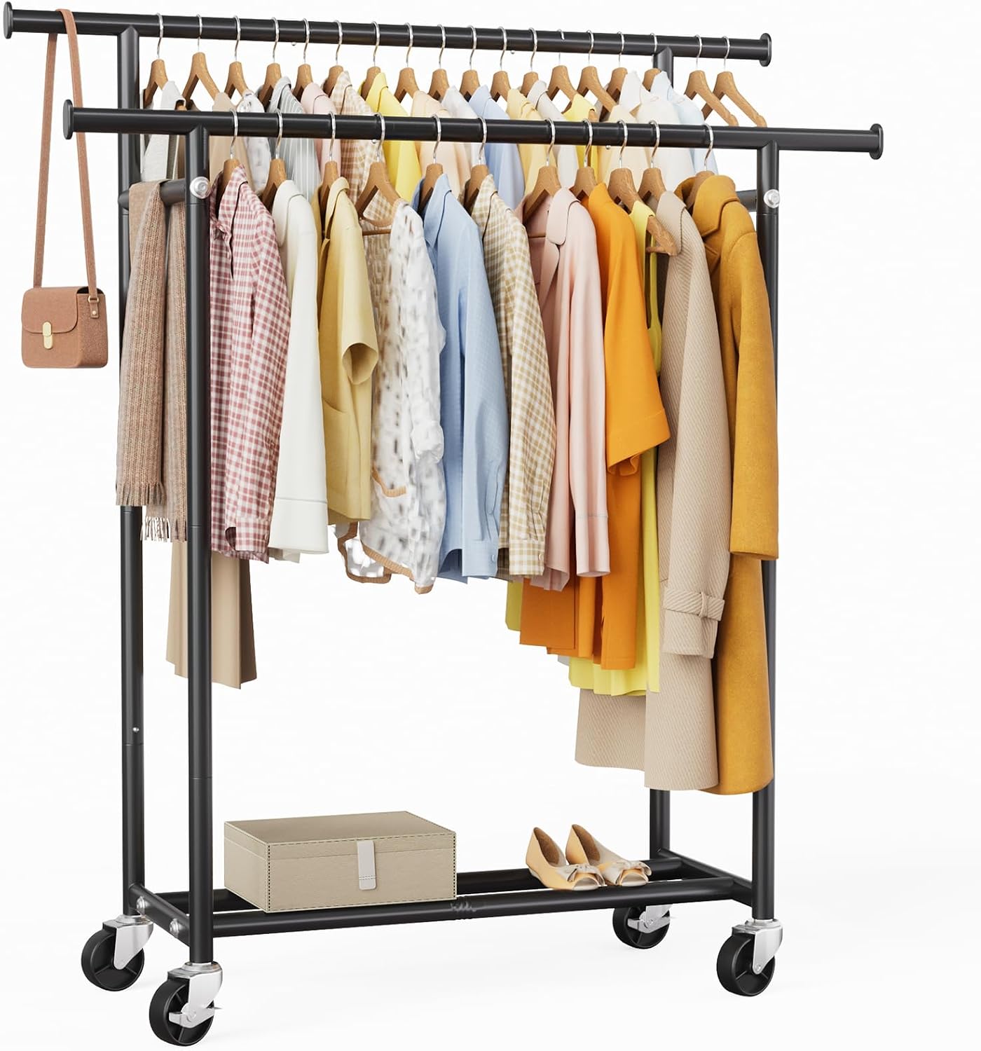 HYSEYY Heavy Duty Clothes Rail, Double Rods Clothes Rack with Storage Shelf