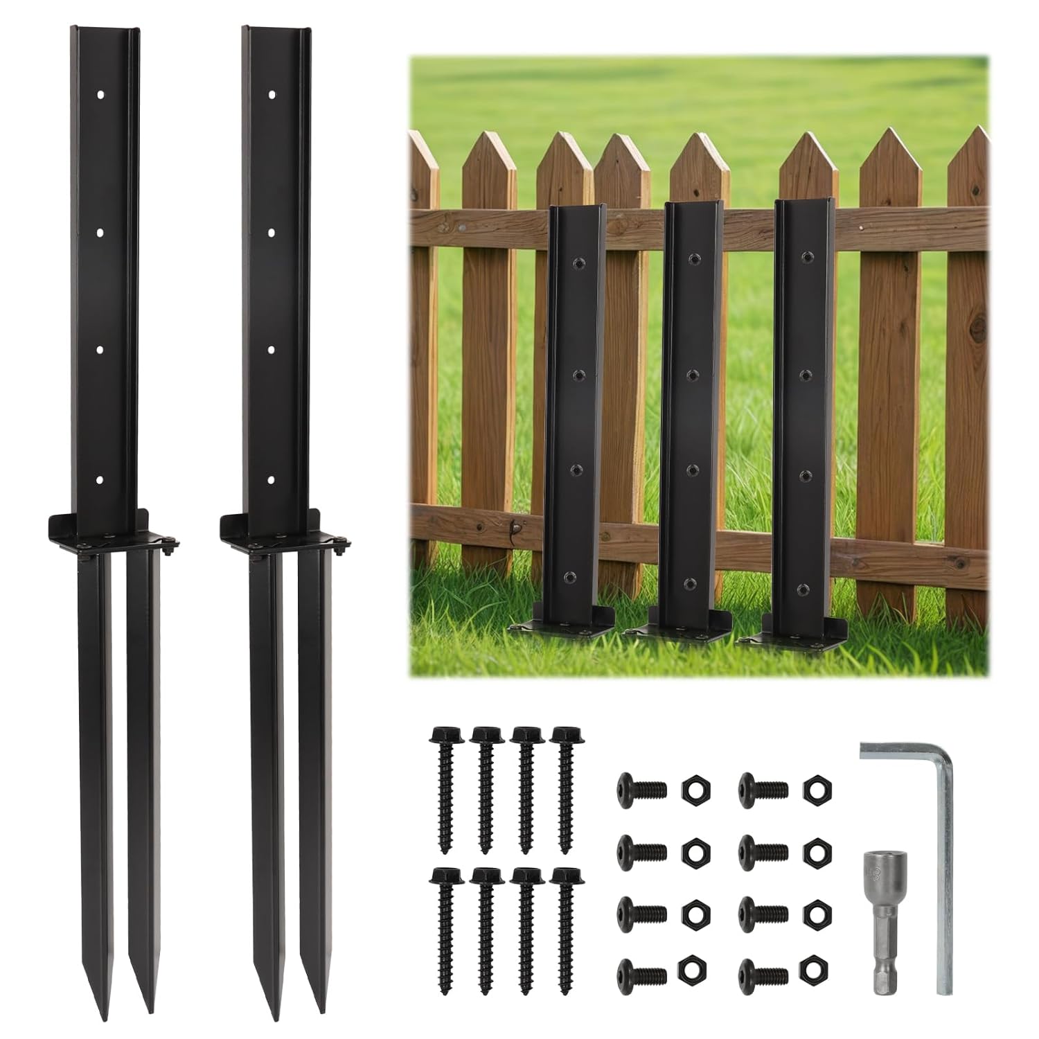 CAKKVDE 2 Pack Heavy Duty 80CM Fence Post Repair Stakes - Galvanised Steel Ground Spikes for Tilted/Broken Wooden Fence Posts - Includes Screws & Installation Tools