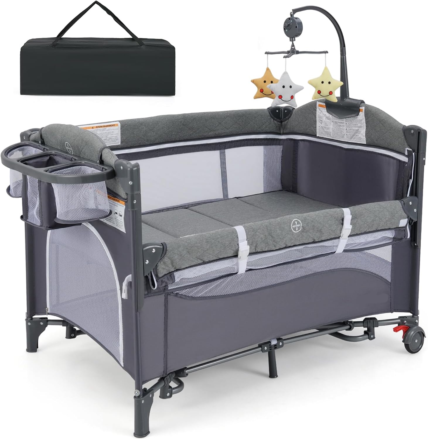 GYMAX Baby Travel Cot, 5-in-1 Portable Baby Bed Playard with Changing Table, Storage Pocket and Hanging Toys, Adjustable Infant Bassinet Nursery Center (Classic)