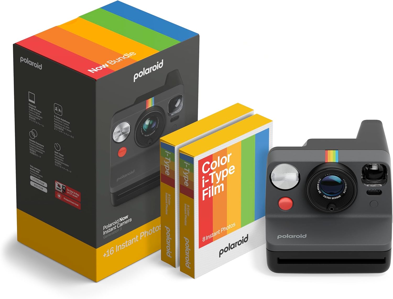 Polaroid Now 3rd Generation I-Type Instant Camera + Film Bundle - Now Black Camera + 16 Color Photos (6560)