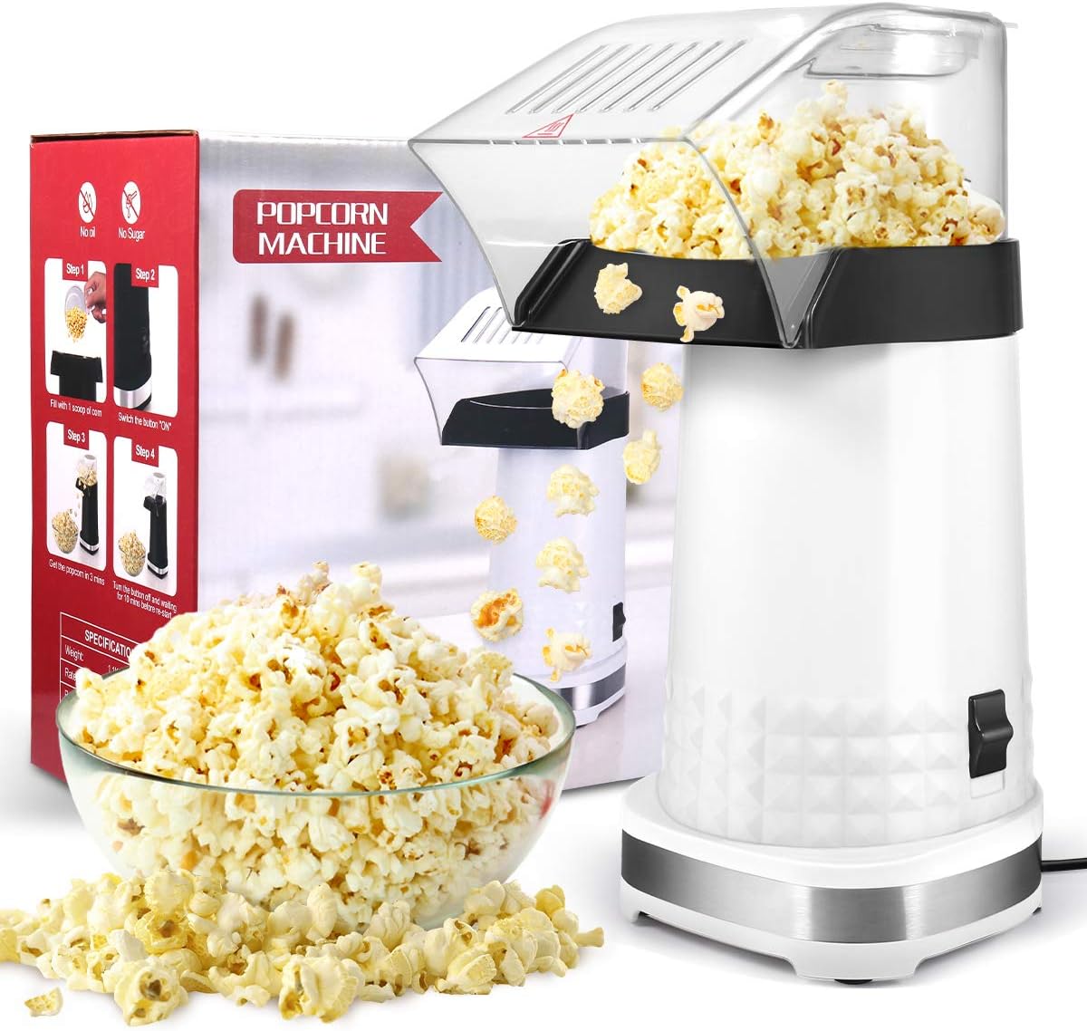 Air Popper Popcorn Maker, 1200W Fast Making Electric Popcorn Machine with Measuring Cup and On/Off Switch, BPA Free, Oil-Free, ETL Certified 90% High Popping Rate Popcorn Popper for Home, Party, Movie