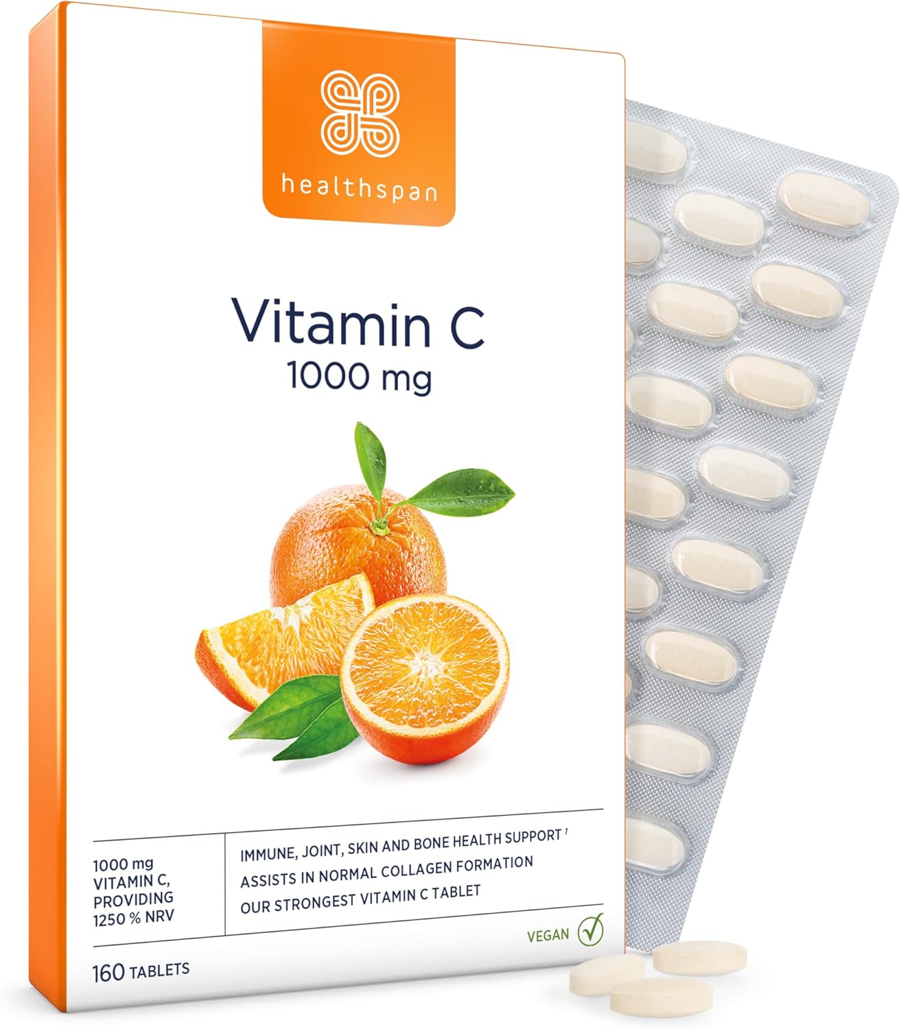 Healthspan Vitamin C 1,000mg (160 Tablets) | Support Your Immune Health | Reduces Tiredness & Fatigue and Supports Joint, Skin & Bone Health | Vegan