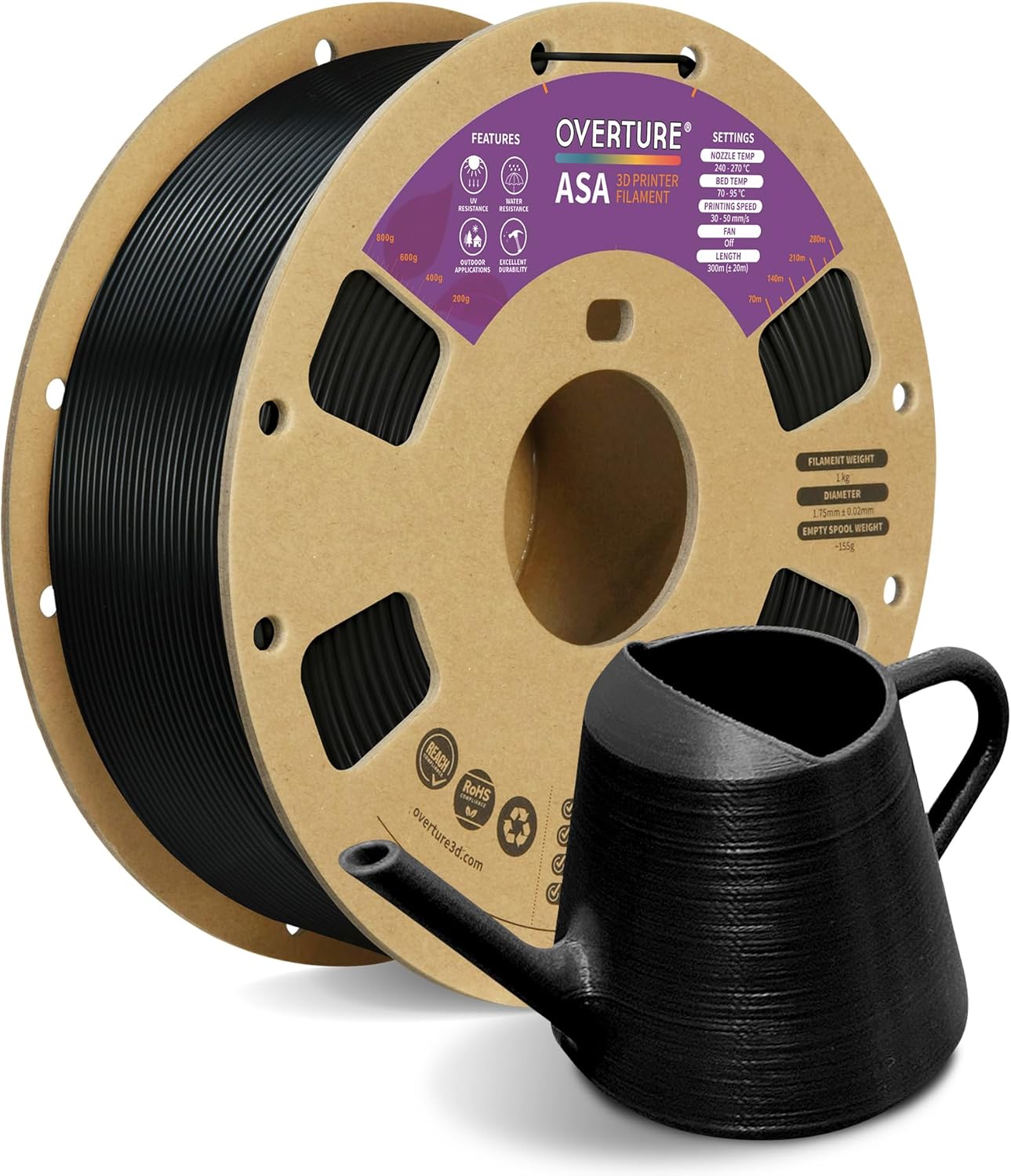 OVERTURE ASA Filament 1.75mm, 1kg Spool (2.2lbs) 3D Printer Filament, Premium Anti-UV, ASA Filament Perfect for Printing Outdoor Functional Parts, Dimensional Accuracy +/- 0.02 mm (Black)