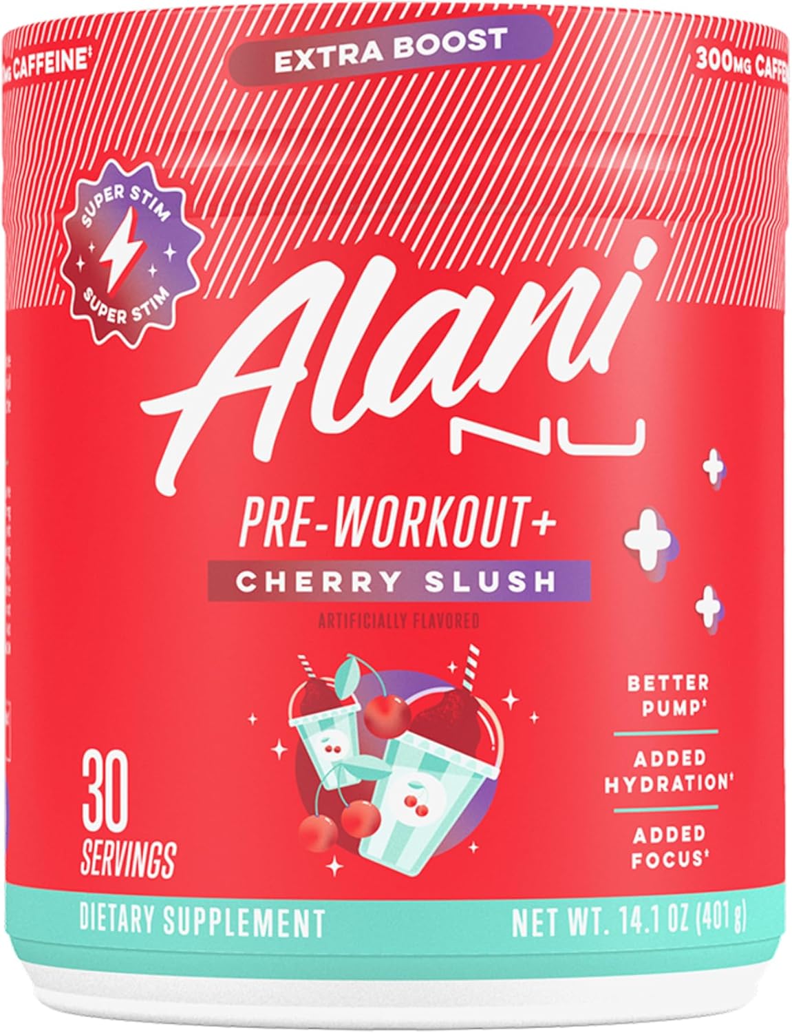Alani Nu Pre Workout+ Powder Cherry Slush, Extra Boost, Sugar Free, 300mg Caffeine, L-Theanine, Beta-Alanine, Citrulline, 30 Servings