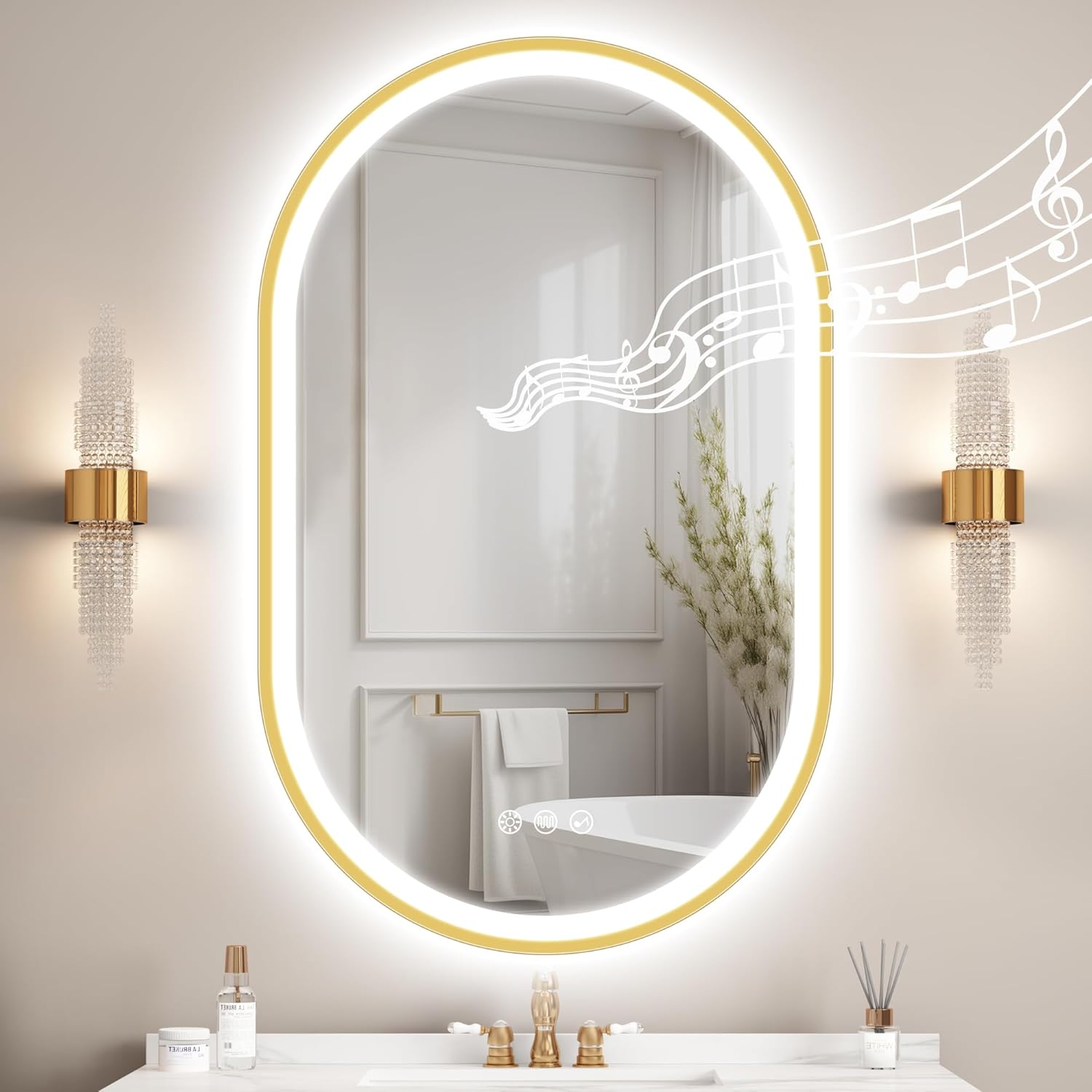 STARLEAD 800x500 mm Oval-Bathroom-Mirror-with-LED-Lights, Bluetooth, LED-Bathroom-Wall-Mirror with 3 Colours Dimmable, Defogging, IP44, HD Tempered Glass, Horizontal/Vertical, Gold Paint