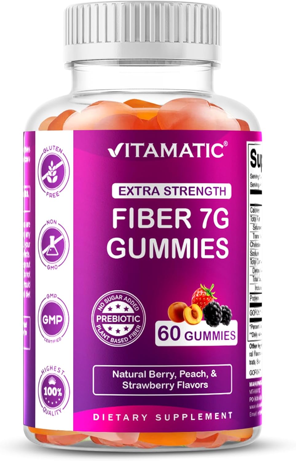 Vitamatic Prebiotic Fiber Gummies for Adults – 7g Fiber per Serving – 60 Pectin-Based Gummies Extra Strength, Zero Sugar Added – Supports Digestive Health & Regularity – Non-GMO, Vegan, Gluten-Free