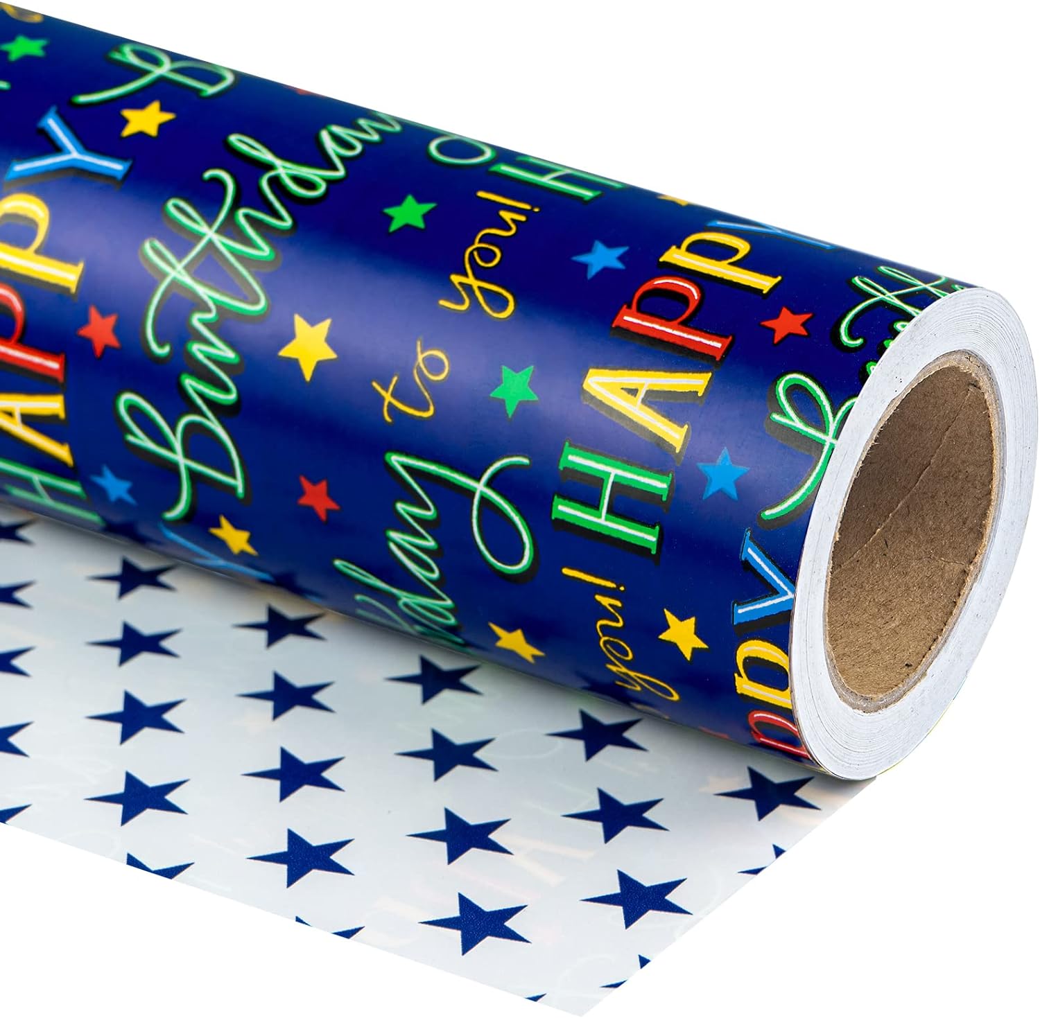 WRAPAHOLIC Reversible Birthday Wrapping Paper - Mini Roll - 17 Inch X 33 Feet - Blue Star Happy Birthday Wrapping Paper for Men, Adult, Boy, Baby Shower, Holiday