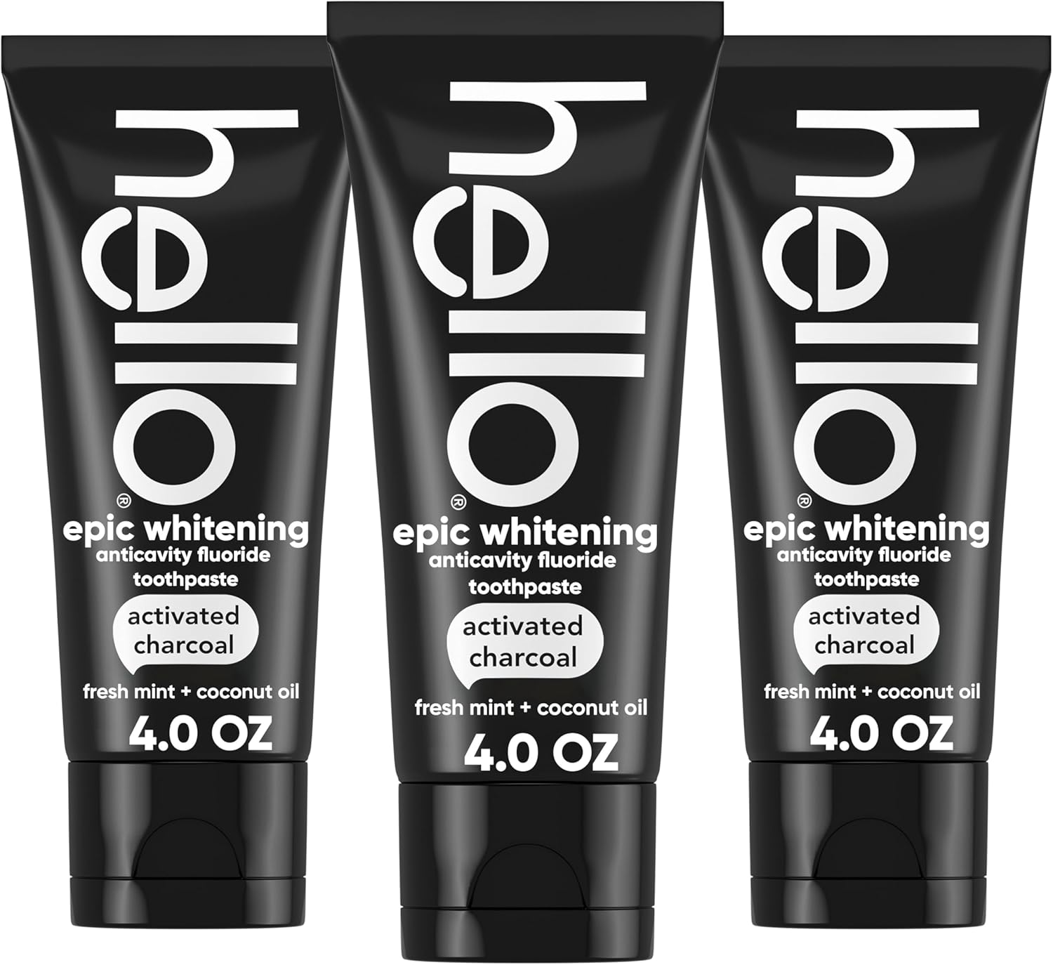 Hello Activated Charcoal Toothpaste, Fluoride Toothpaste with Activated Charcoal, Teeth Whitening Toothpaste with Fresh Mint and Coconut Oil, No SLS, Vegan, Gluten Free, 3 Pack, 4 OZ Tubes