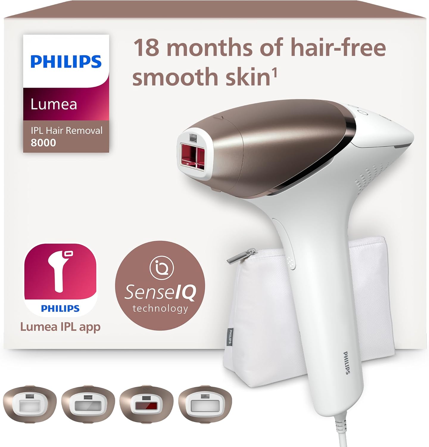 Philips Lumea 8000 Series, IPL Hair Removal Device, Laser Hair Removal Alternative, SenseIQ Technology, 4 Attachments for Body, Face, Bikini and Underarms, Model BRI948/00