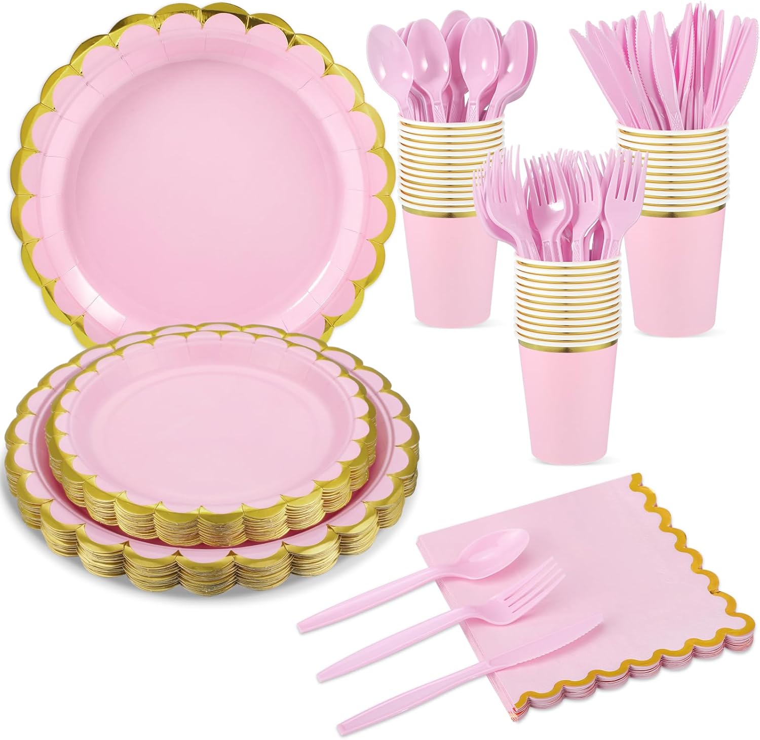 175 Pcs Pink and Gold Party Supplies, 25 Guest Light Pink Plates Set Include Scalloped Light Pink Paper Plates Napkins Cups Plastic Cutlery for Baby Shower, Wedding, Birthday