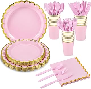 175 Pcs Pink and Gold Party Supplies, 25 Guest Light Pink Plates Set Include Scalloped Light Pink Paper Plates Napkins Cups Plastic Cutlery for Baby Shower, Wedding, Birthday