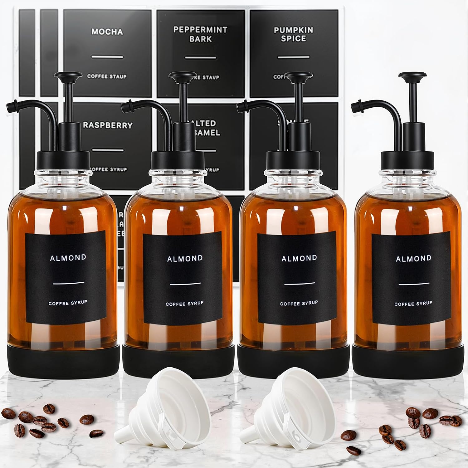 Coffee Syrup Dispenser for Coffee Bar, Set of 4 Non-Slip Glass Syrup Dispenser w. Labels and Silicone Sheath, 16.9 oz 500ml Syrup Pump Dispenser, Coffee Bar Accessories Simple Syrup Bottle w. Pump