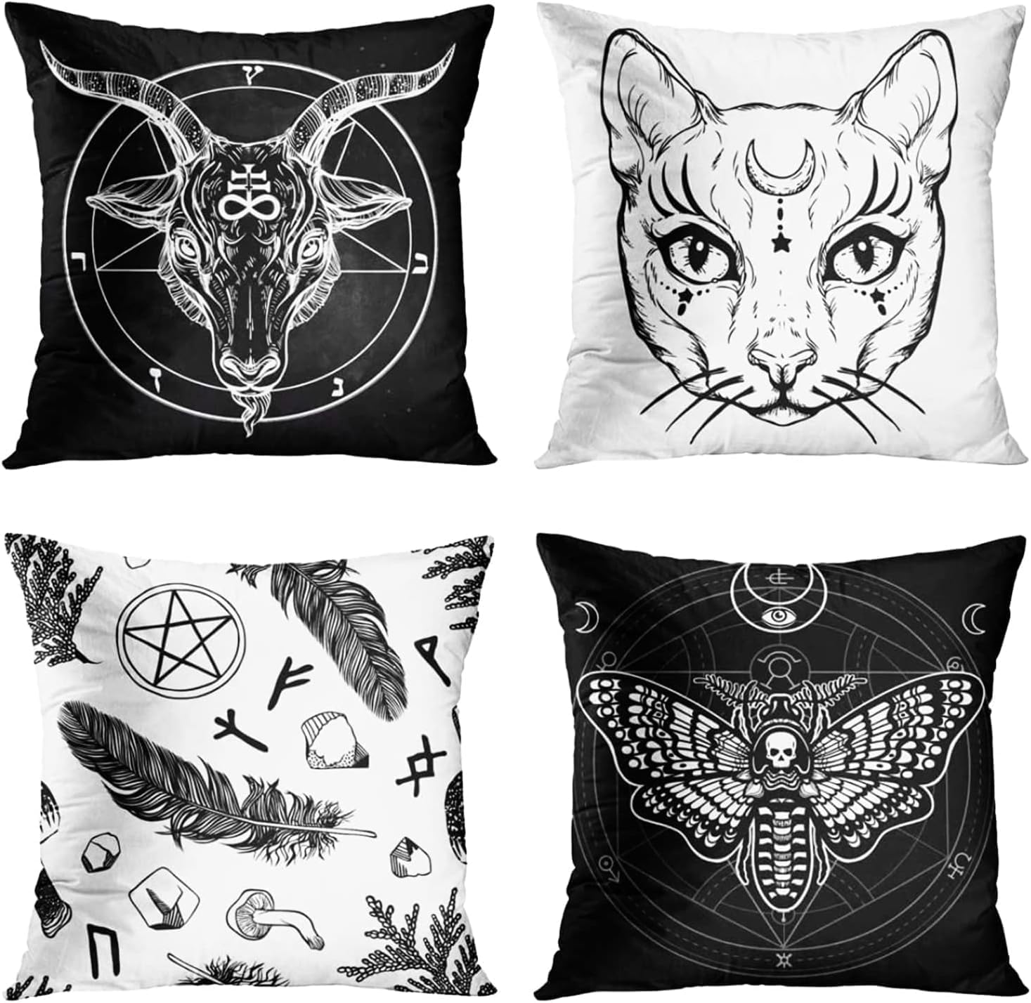 ZHILING Cushion Cover 18x18 inch Home Decor Set of 4 Cushion Covers Decorative for Bed Sofa Cushion Couch Outdoor Capricorn Cat Feather Moth Gothic Cushion Covers 45 x 45 cm (Black and White)