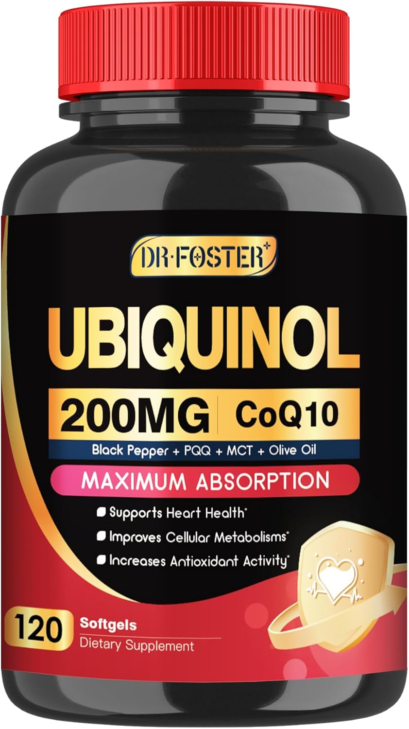 DRFOSTER Coq10 Ubiquinol 200mg, Coq10 200mg Softgels, Max Absorption Ubiquinol with Vitamin E & PQQ & Black Pepper, Powerful Antioxidant, 120 Softgels