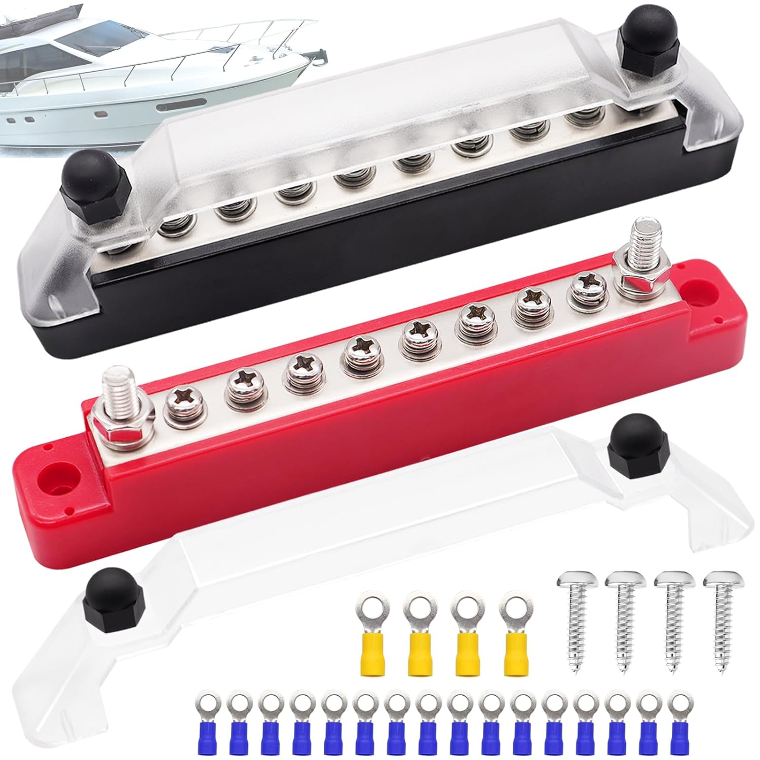 150A 12V Bus Bar Marine, 1/4" Power Distribution Block, Battery Buss Bar, Automotive Busbar Terminal Block for Car and Boat, 2 x 1/4" Posts, 8 x #8 Screws Terminals (Black+Red)