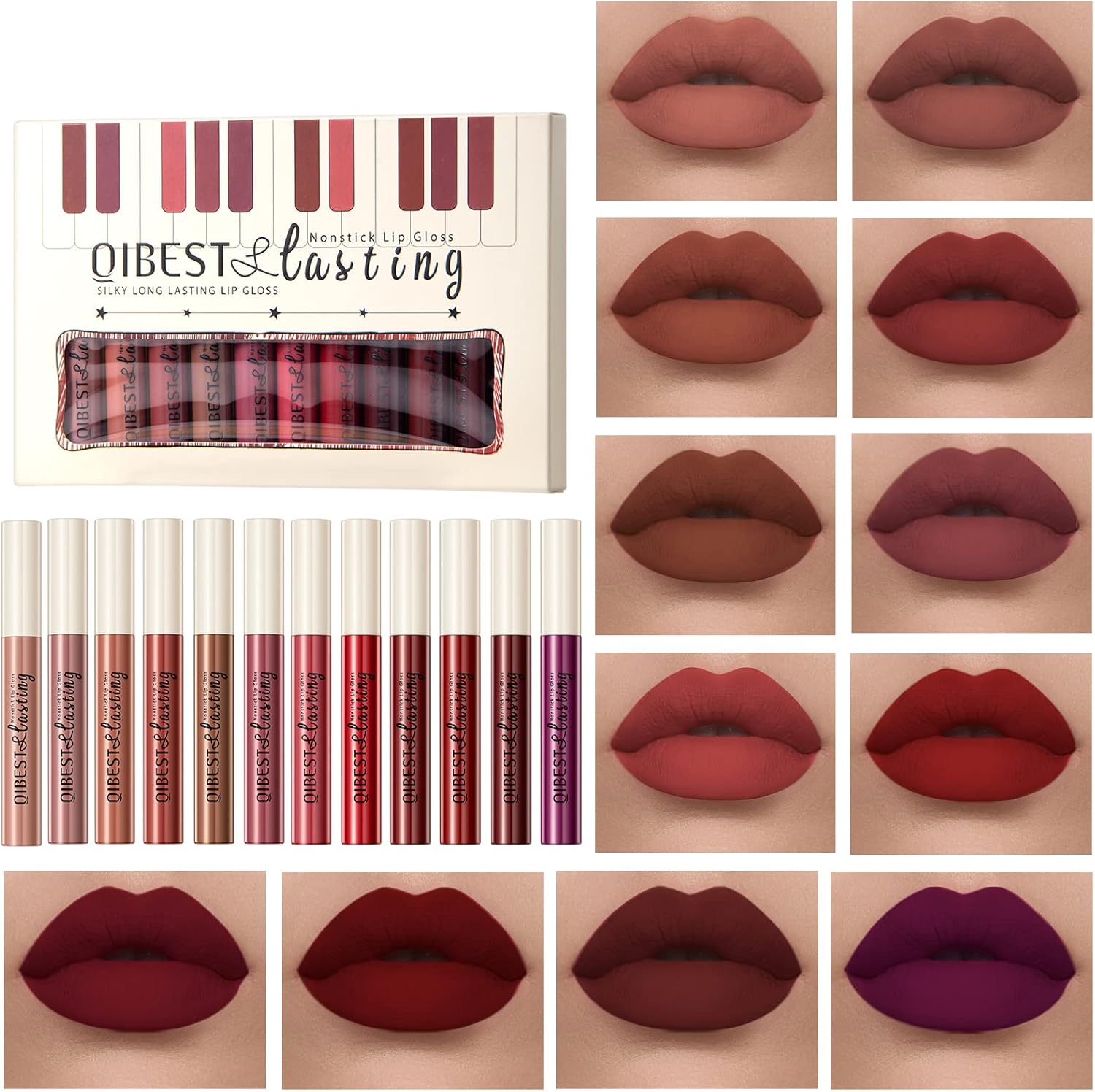 HQDA 12 Colors Matte Liquid Lipstick Set Velvety Lip Gloss Lip Kit Waterproof Long Lasting Wear Durable Nude Lip Gloss Beauty Cosmetics Gift Box Set (Set A), Pack Of 1