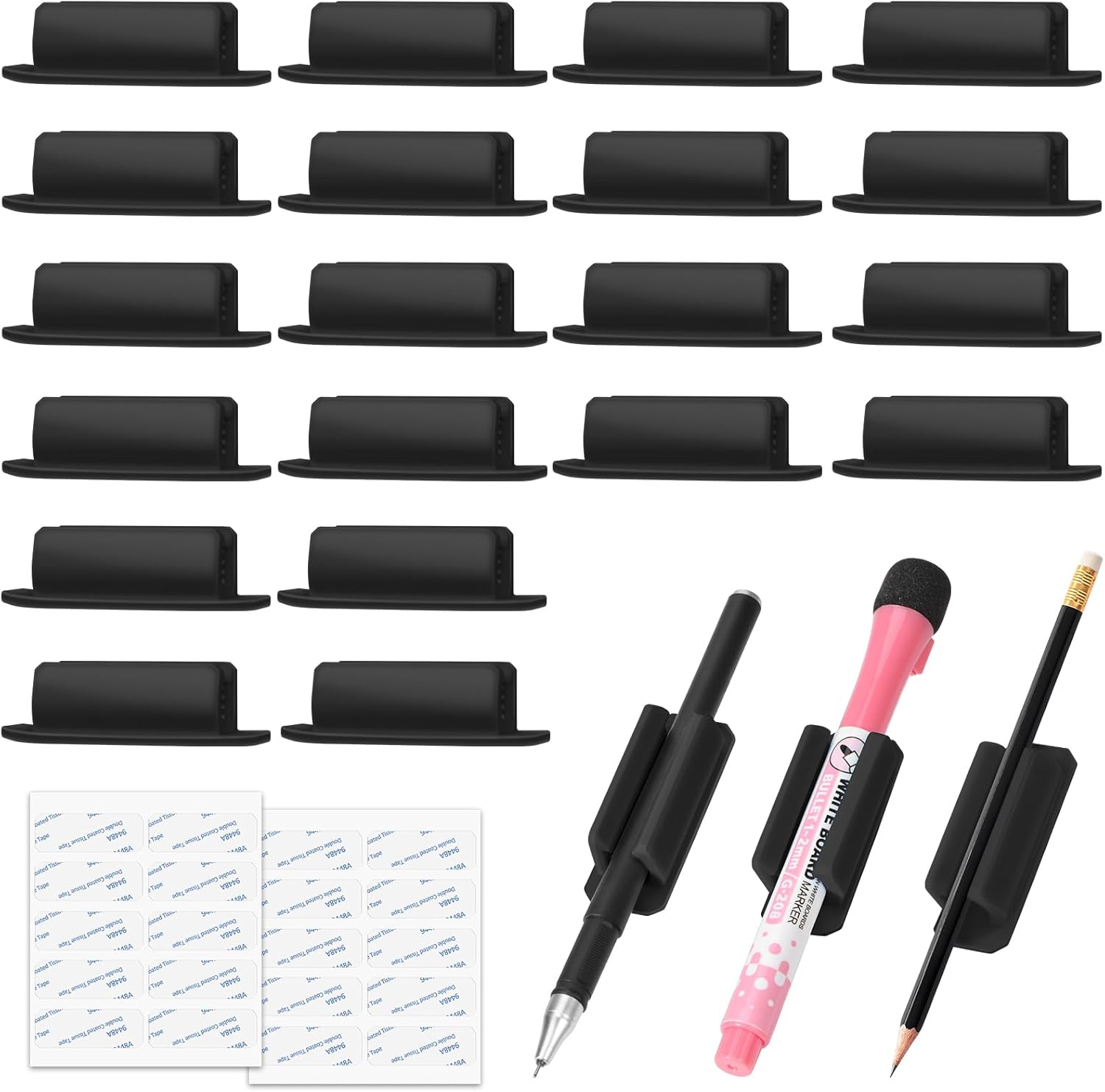 BOBOKA 20Pcs Pencil Holder for Desk, Adhesive Pen Holder for Classroom Clipboard Attachment, Silicone Pencil Holder & Marker Holder for School Office Desk Accessories, Teacher Supplies