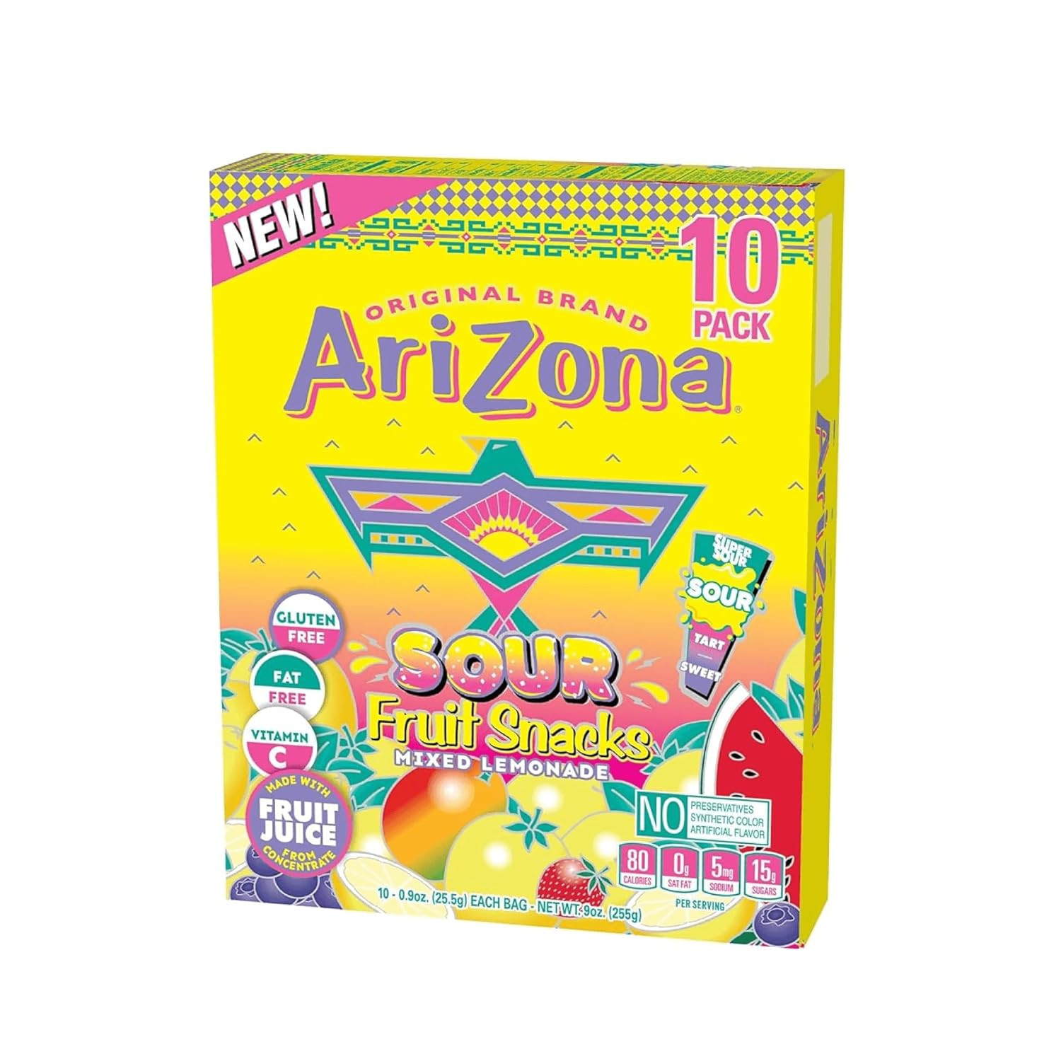 AriZona Lemonade Fruit Snacks, Sour Lemonade - 0.9 oz, 10 count Box