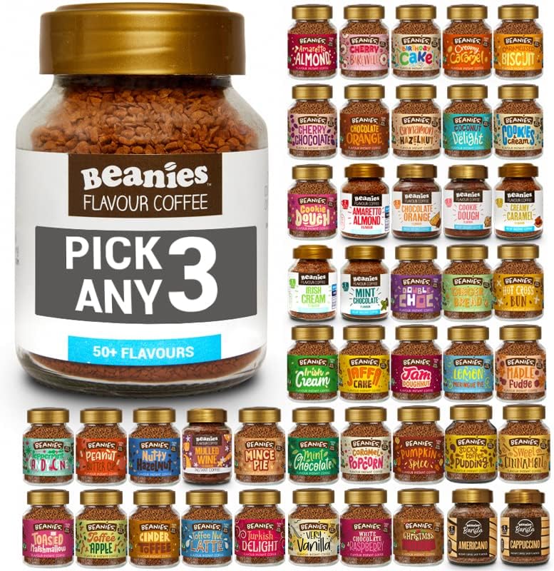 Beanies Flavoured Instant Coffee PICK ANY 3 Jars (50g) from 50+ Flavours (Blends, Barista, Decaf) Inc. Turkish Delight, Chocolate Orange, Chai Latte, Cookie Dough, Hazelnut, Caramel, Vanilla and More!