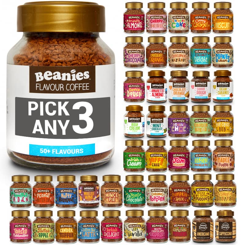 Beanies Flavoured Instant Coffee PICK ANY 3 Jars (50g) from 50+ Flavours Inc. Turkish Delight, Chocolate Orange, Chai Latte, Cookie Dough, Hazelnut, Caramel, Vanilla and More