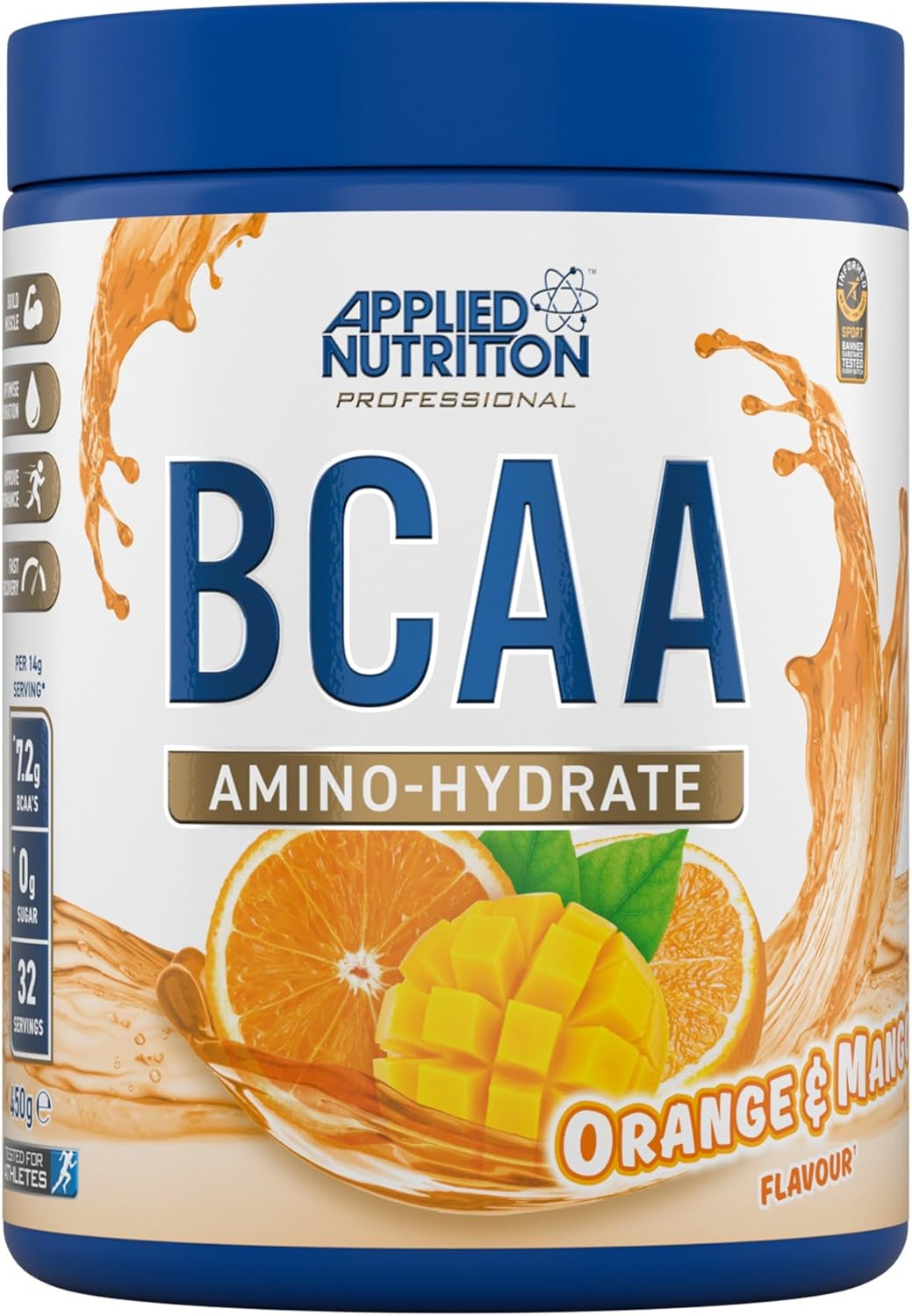 Applied Nutrition BCAA Powder - Branched Chain Amino Acids BCAAs Supplement, Amino Hydrate Intra Workout & Recovery Energy Drink (450g - 32 Servings) (Orange & Mango)