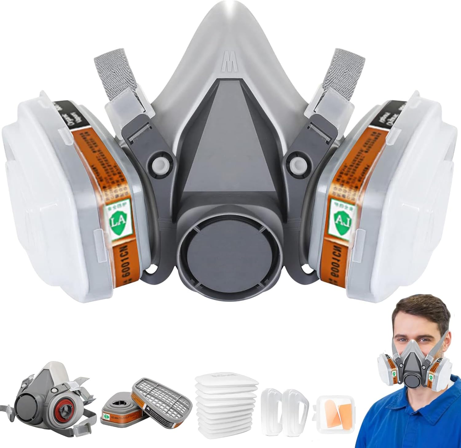 LAMANICE Half Face Respirator with 10Pcs Filter Cottons and Earplug, for Paint, Dust, Formaldehyde, Sawing, Welding, Woodworking, Organic Vapors, Chemicals (Grey)