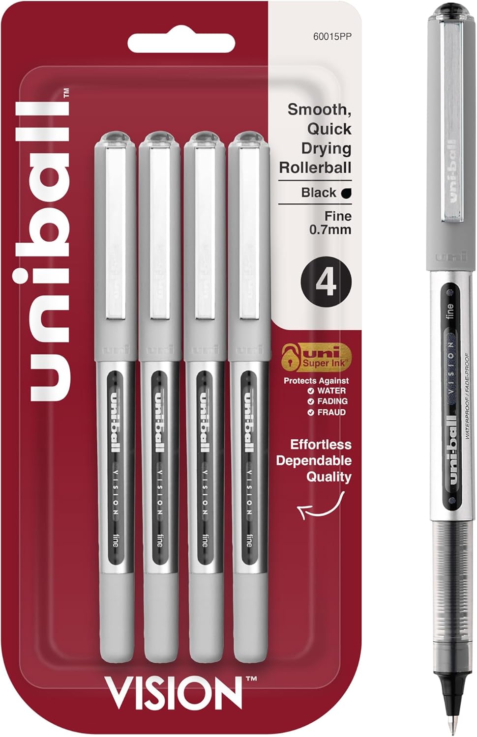 uni-ball Vision Stick Roller Ball Pens, Fine Point, Black Ink, Pack of 4