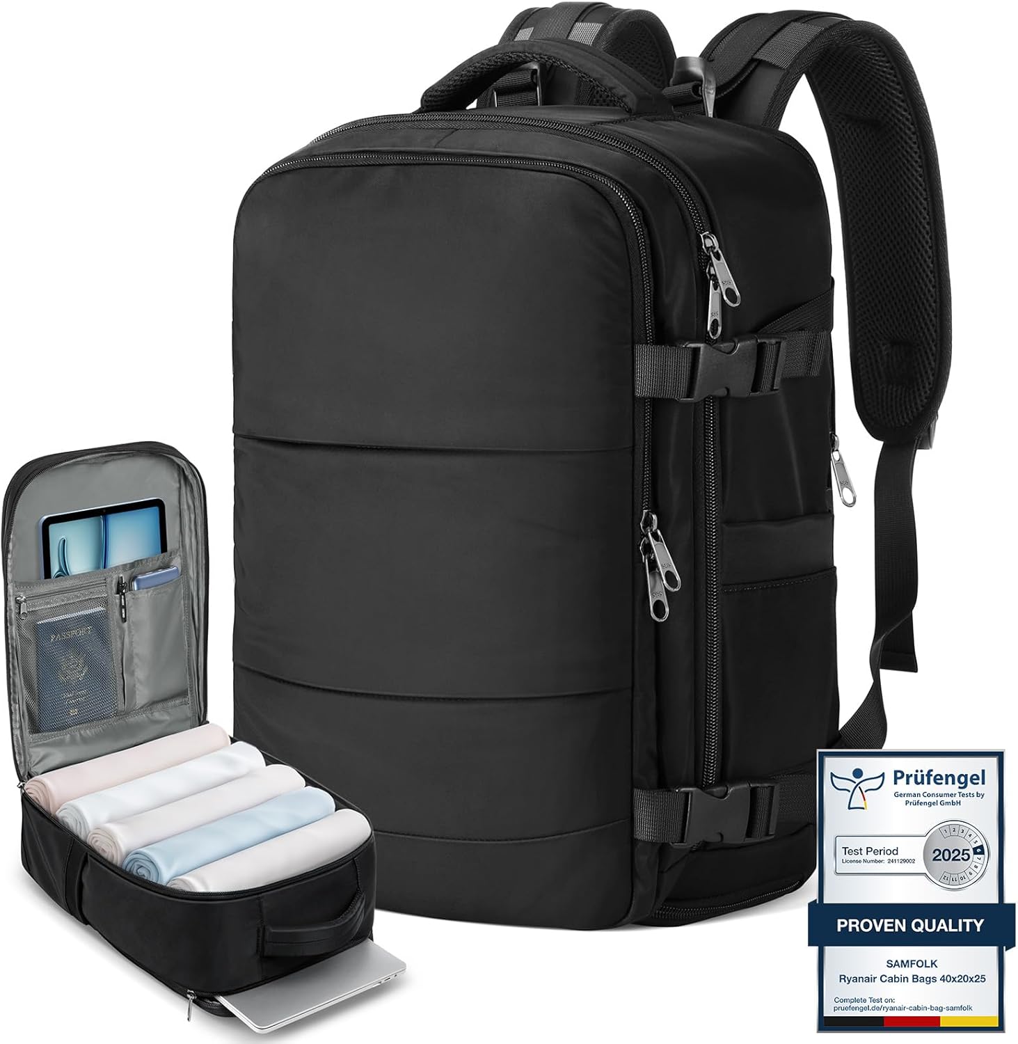 Cabin Bags for Ryanair 40x20x25 Underseat Travel Bag 12 Pockets Hand Luggage Bag Cabin Bag with Separate Shoe Pocket for Women & Men Carry on Bag, 20L (black, 40x20x25)