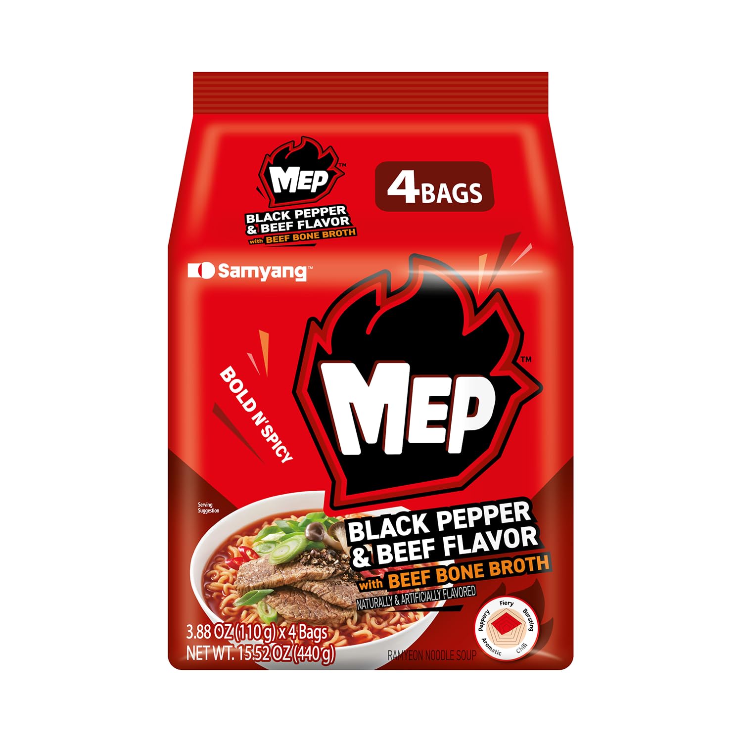 MEP Black Pepper & Beef Flavor, Instant Korean Ramen noodles, Spicy Ramyeon Noodle Soup [3.88 OZ (110g) x 4 Bags]