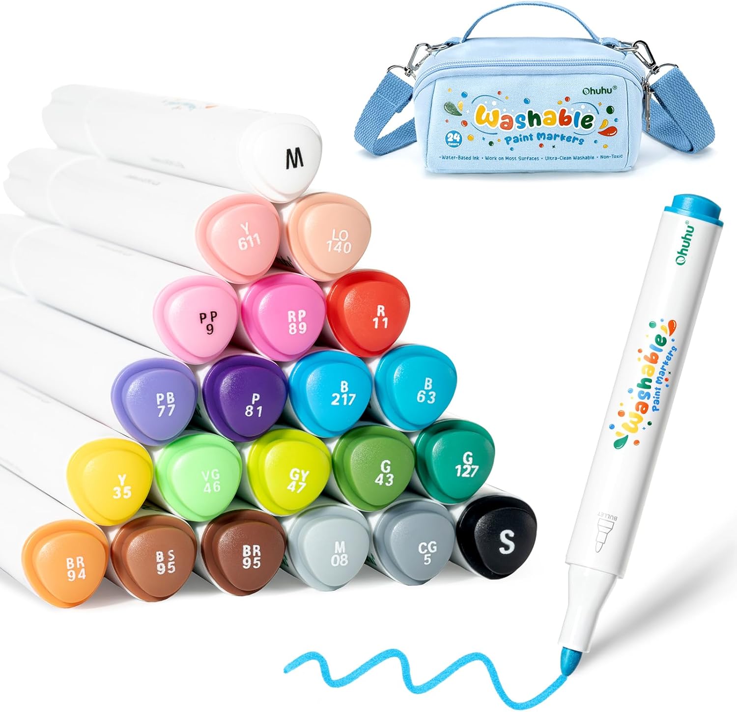 Ohuhu 24 Washable Acrylic Paint Markers for Kids, Bullet Tip Art Markers Ultra-Washable Non-Toxic Skin-Safe for Rock, Glass, Paper, Wood, and Canvas School Classroom Supplies Ages 3-14