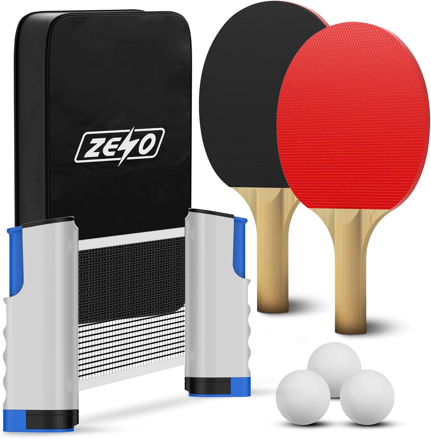 ZENO Portable Table Tennis Set | Ping Pong Set | 2 Premium Table Tennis Bats, All-in-One Kit with Retractable Table Tennis Net, 3 Ping Pong Balls & Storage Case | Great Gift Idea | Indoor/Outdoor Game