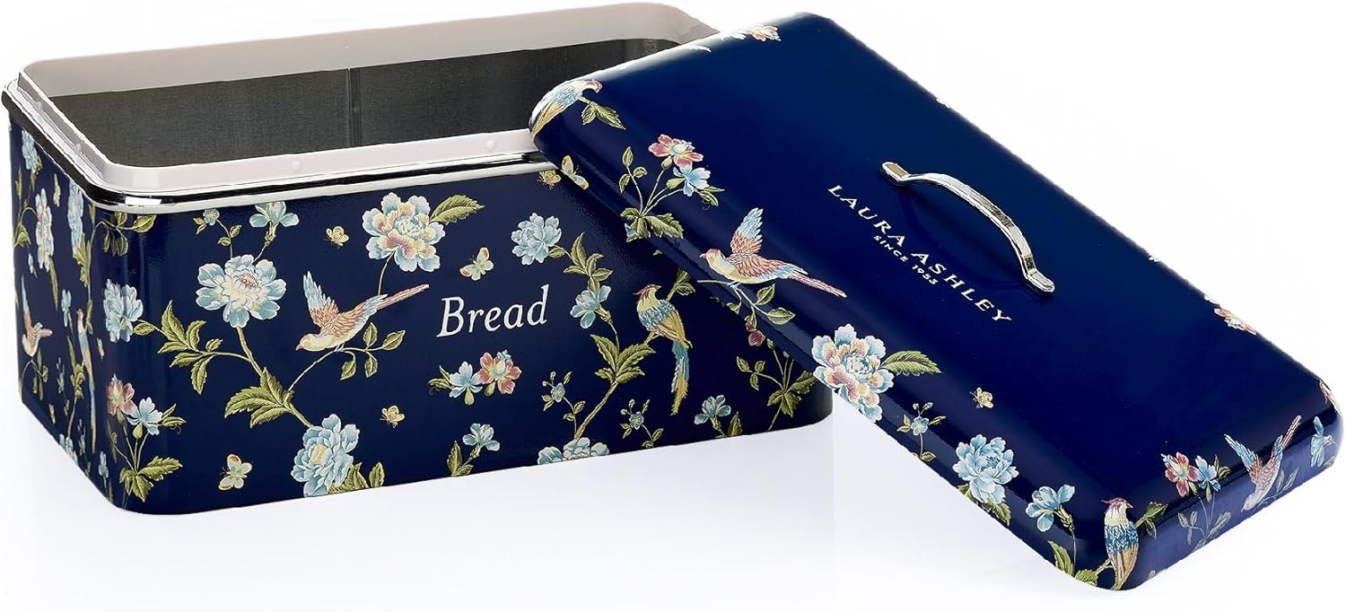 VQ Laura Ashley Large Bread Bins for Kitchen with Removable Lid Bread Storage Containers for Freshness & Style - Stainless Steel BreadBin with Hand-Applied Designer Print - Elveden Navy