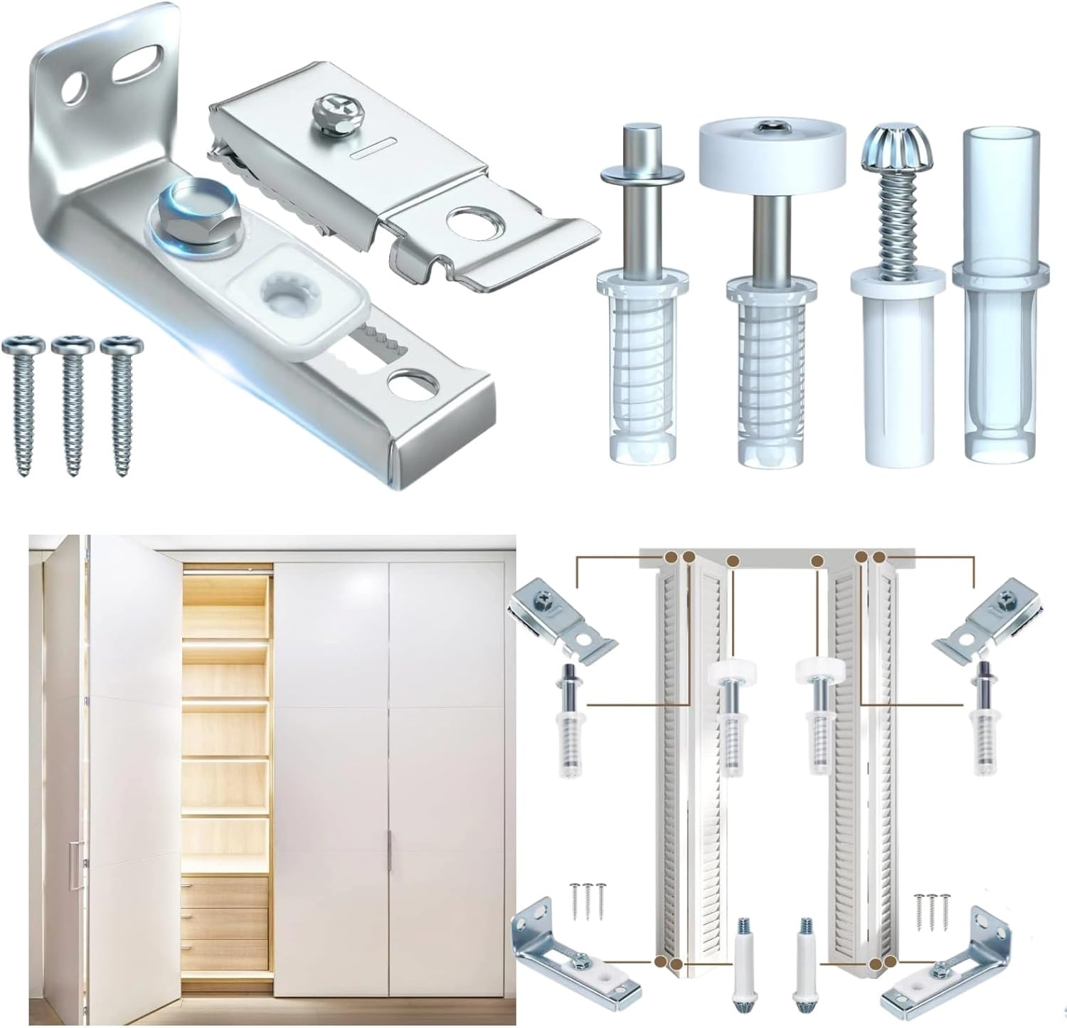Bifold Door Hardware Repair Kit - Ideal Replacement Parts for Bi - fold & Sliding Closet Doors, Includes Top & Bottom Brackets, Pivots & Guides Wheel for Folding Pocket & Accordion Doors