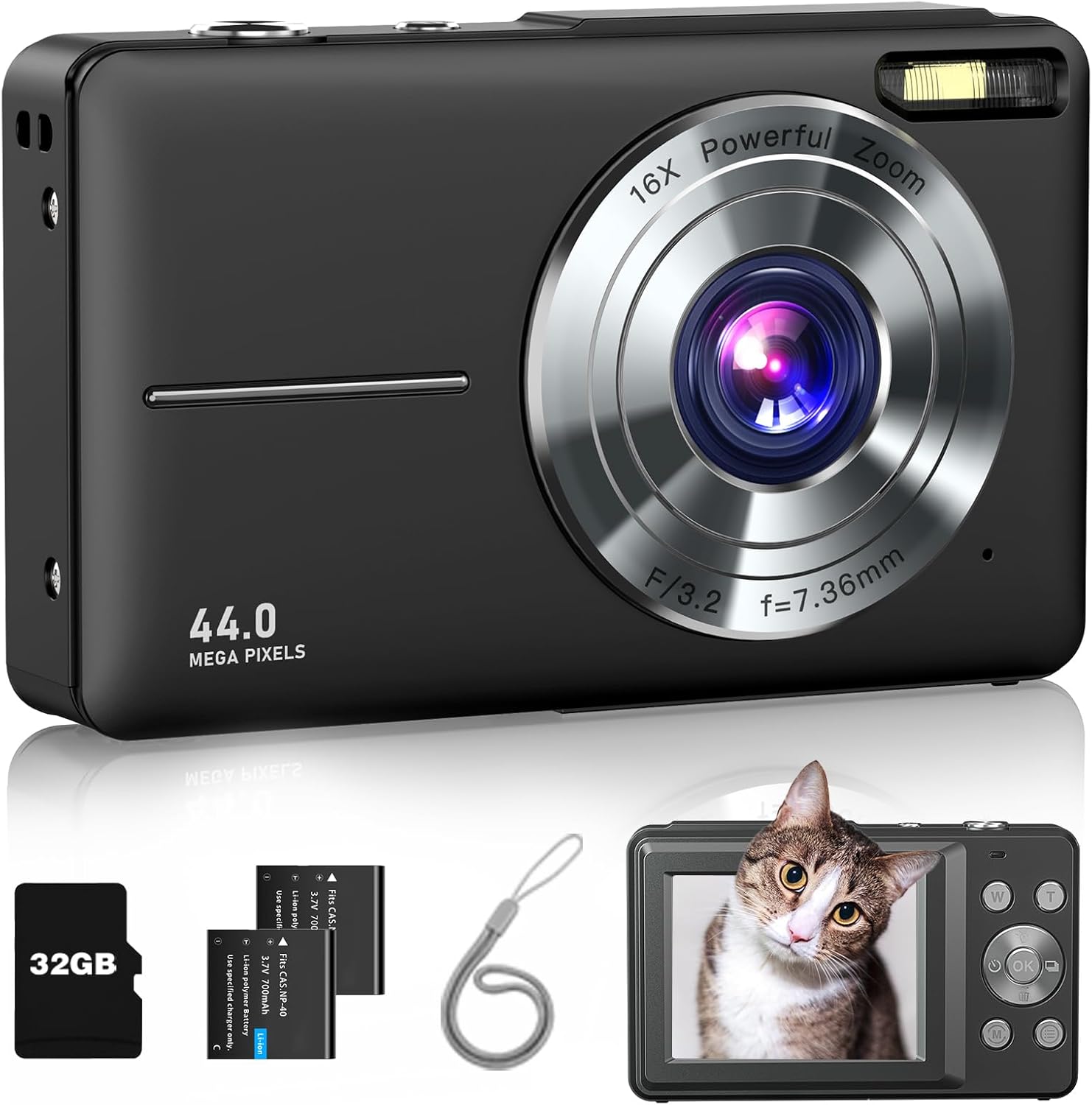 Digital Camera FHD 1080P Kids Camera 44MP with 32GB Card, 2 Batteries, Lanyard, 16X Zoom Anti Shake, Compact Portable Small Point and Shoot Camera for Kids Student Children Teens Girl Boy(Black)
