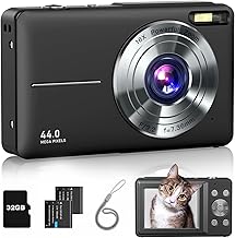 Digital Camera FHD 1080P Kids Camera 44MP with 32GB Card, 2 Batteries, Lanyard, 16X Zoom Anti Shake, Compact Portable Small Point and Shoot Camera for Kids Student Children Teens Girl Boy(Black)