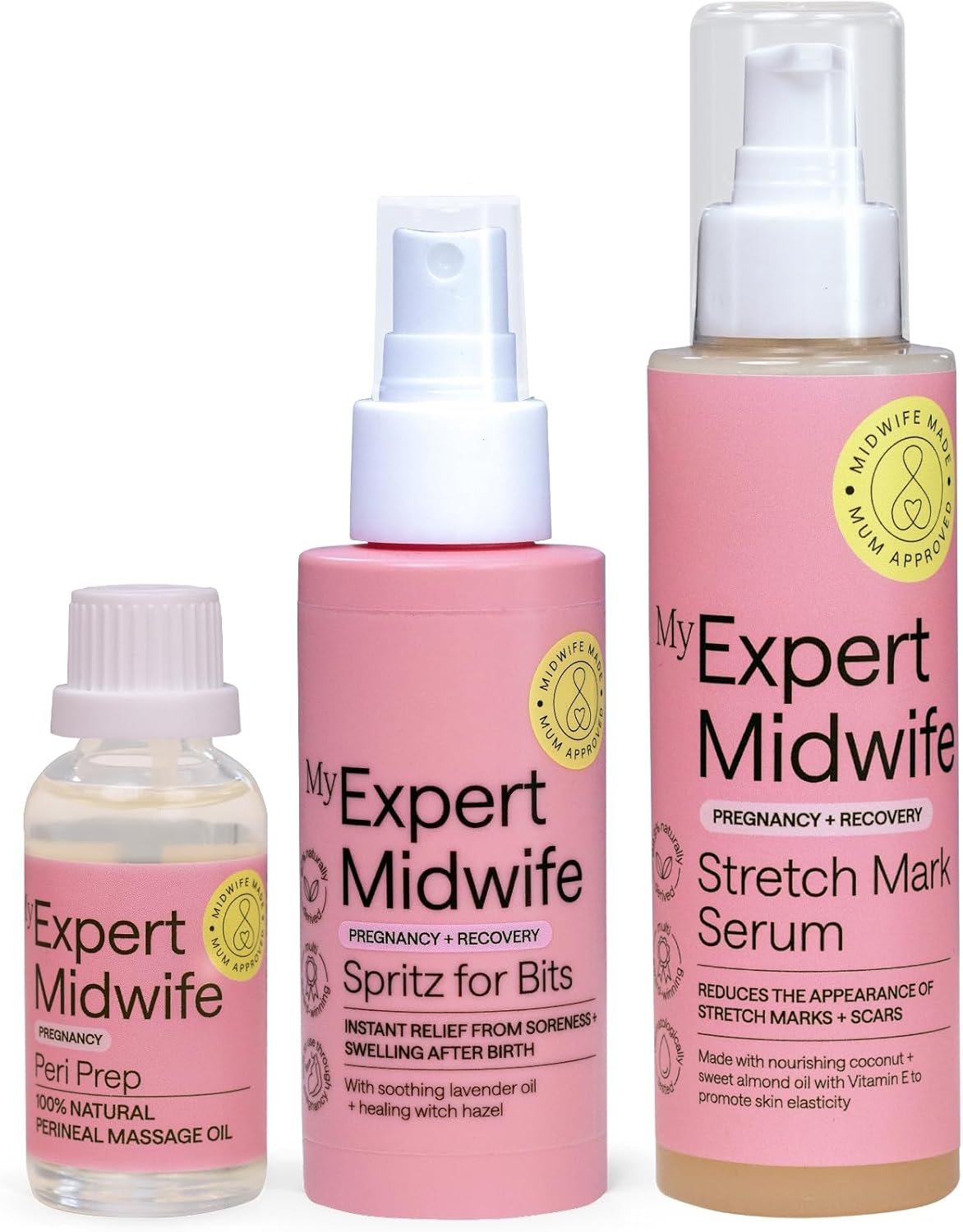 My Expert Midwife Pregnancy and Birth Essentials - with Fantastic Skin Elastic Stretch Mark Cream, Peri Prep Perineal Massage Oil and Spritz for Bits Postnatal Relief Spray