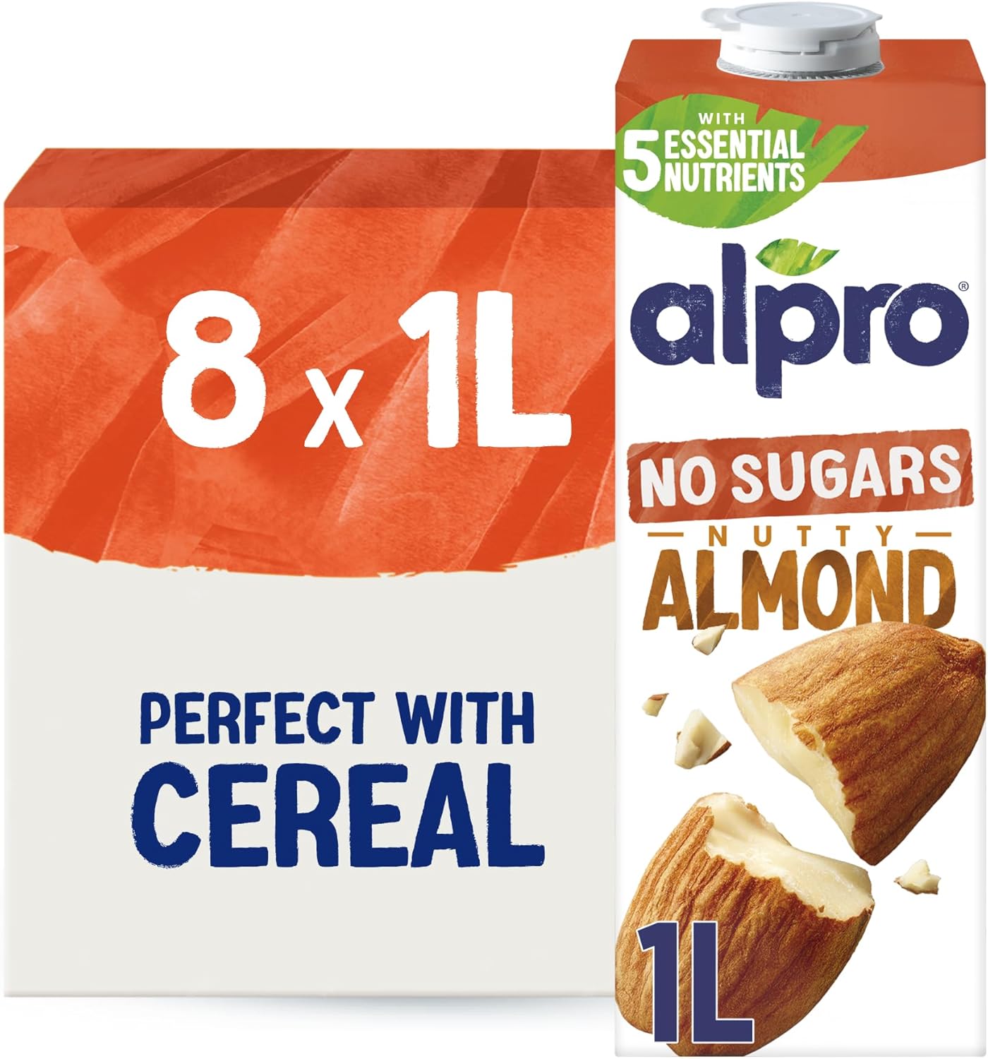 Alpro Almond Drink - No Sugars - Unsweetened Plant-Based Long Life Dairy Free & Lactose Free Milk Alternative - 1L (Pack of 8)