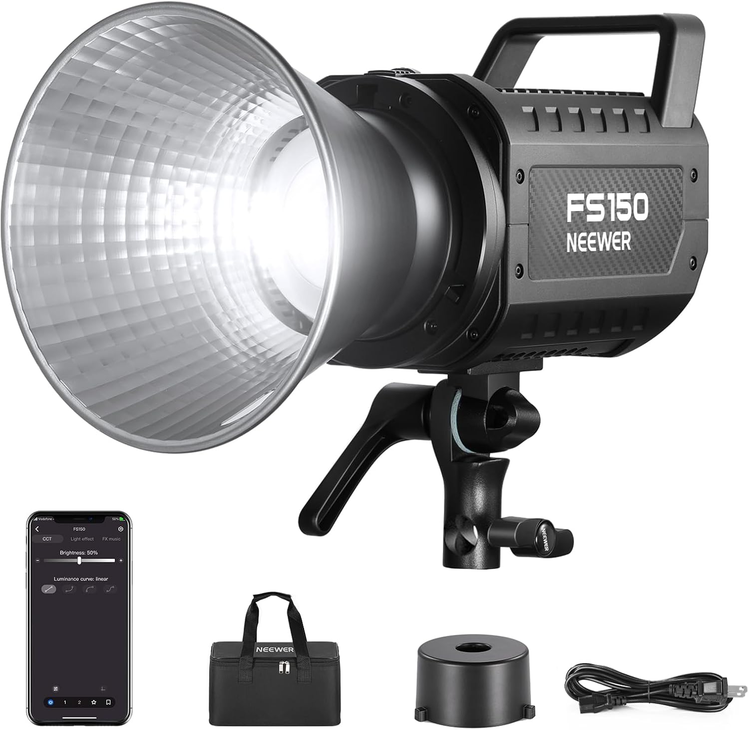 NEEWER FS150 LED Video Light 2.4G/APP Control, 130W 5600K COB Daylight Silent Photography Continuous Output Lighting 4 Precise Dimming Types 102000lux/1m CRI97+ 9 Effects Bowens Mount, US Plug