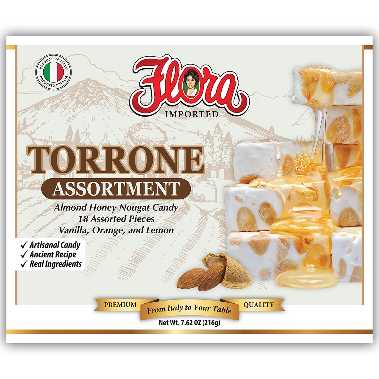 Flora Foods Assorted Italian Torrone – 18 Almond Honey Nougat Pieces – Vanilla, Lemon & Orange Flavors – Less Than 60 Calories Each – Made in Italy – 7.62 oz Box